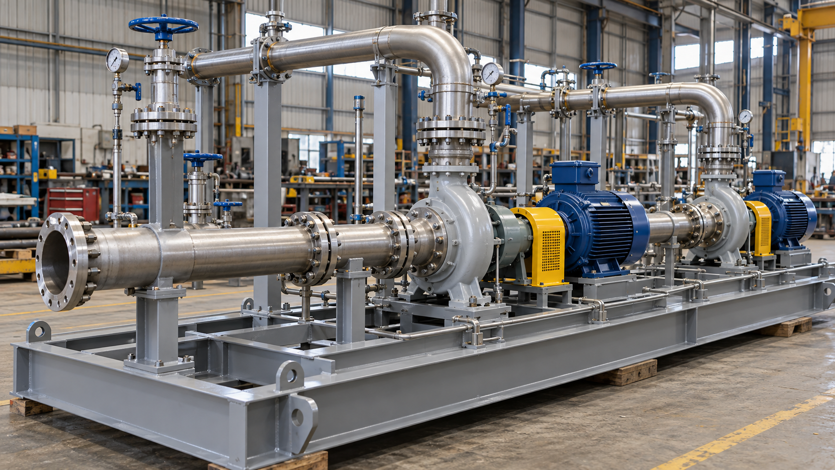 Illustration of an oil and gas pump skid with process piping, flanged connections, valves and supports for pipe stress analysis.