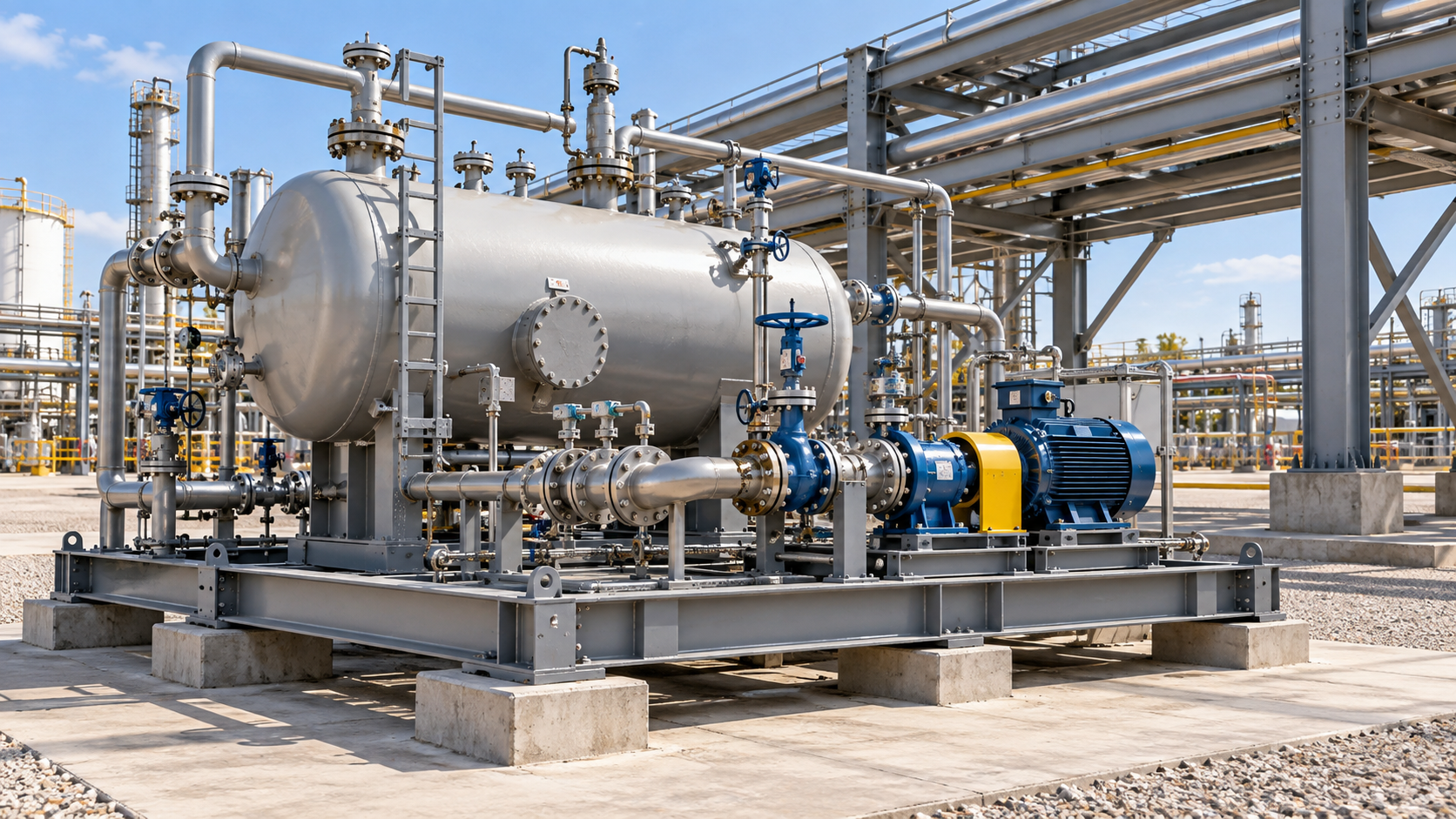 Illustration of a process skid layout with a vessel, pump, coordinated piping and access around the steel base.