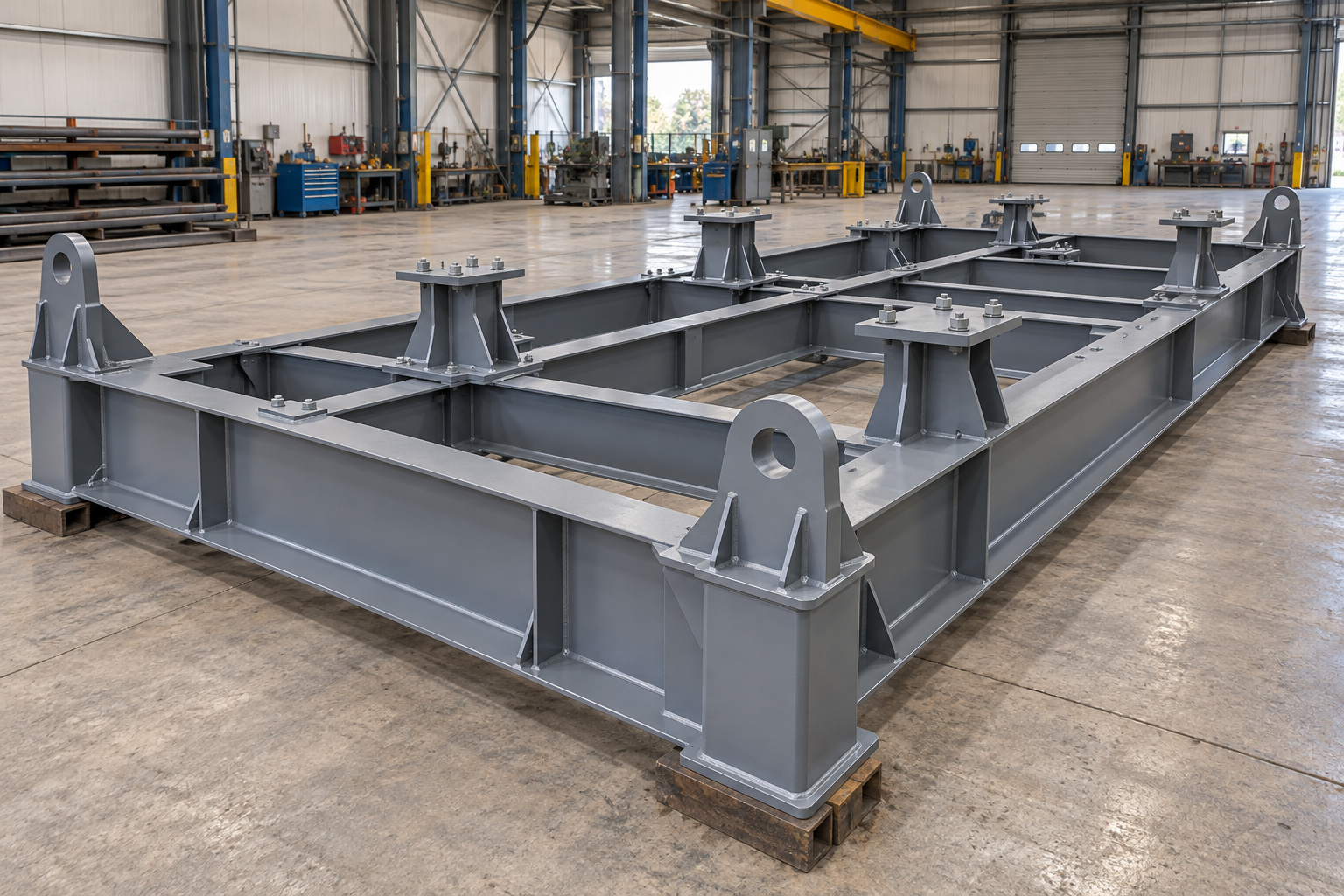 Illustration of a structural steel skid base with cross members, equipment supports and lifting points in a fabrication workshop.