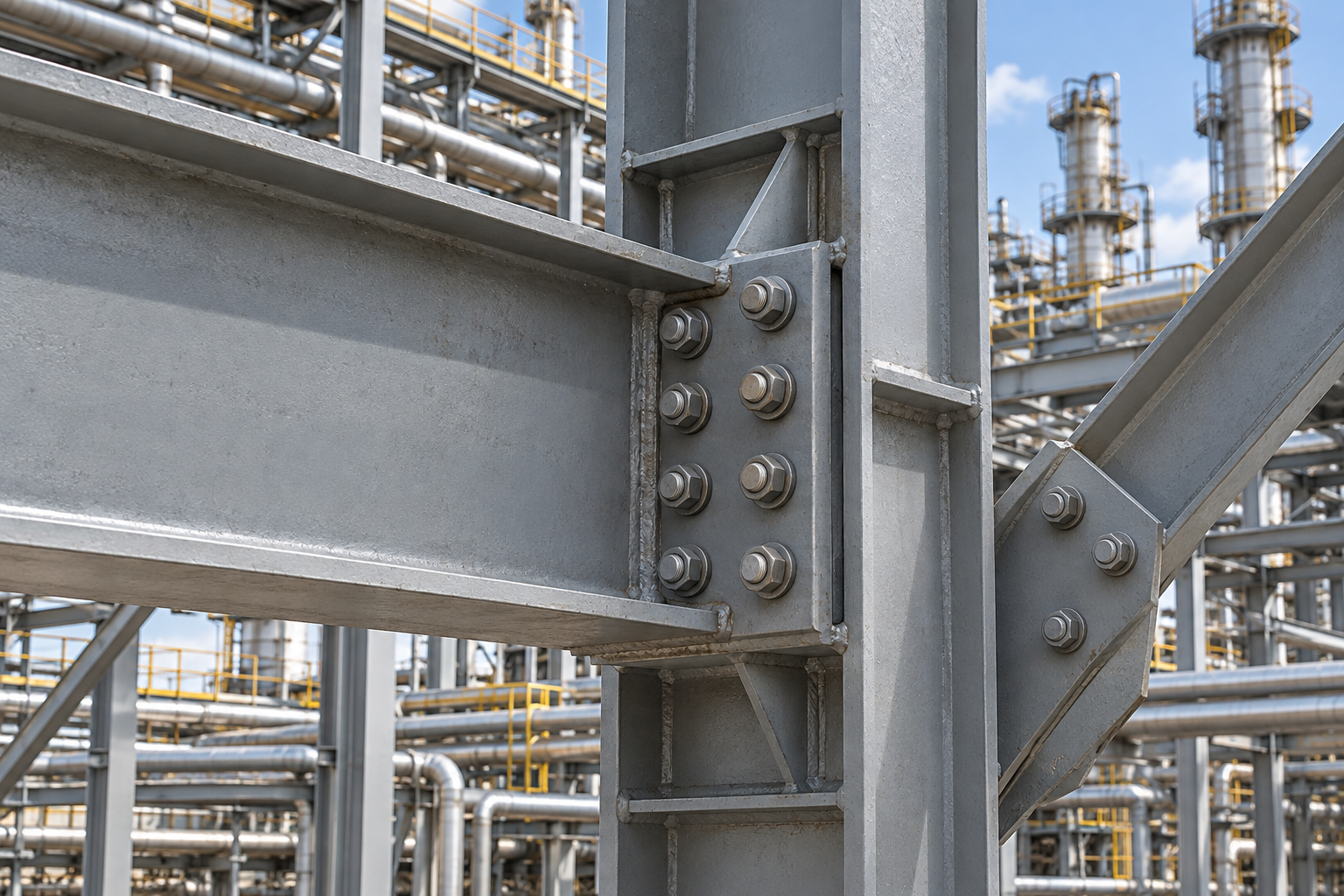 Illustration of a bolted beam-to-column connection and bracing in an oil and gas plant steel structure.