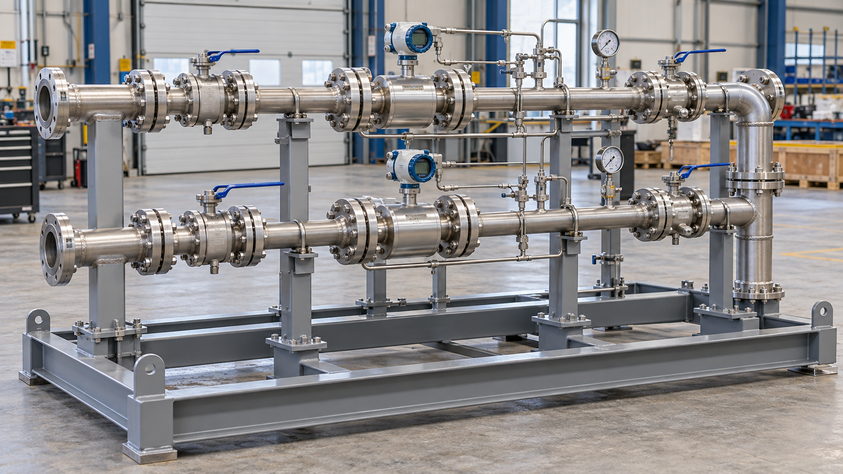 Illustration of an oil and gas metering skid with parallel meter runs, valves and instruments on a steel base.