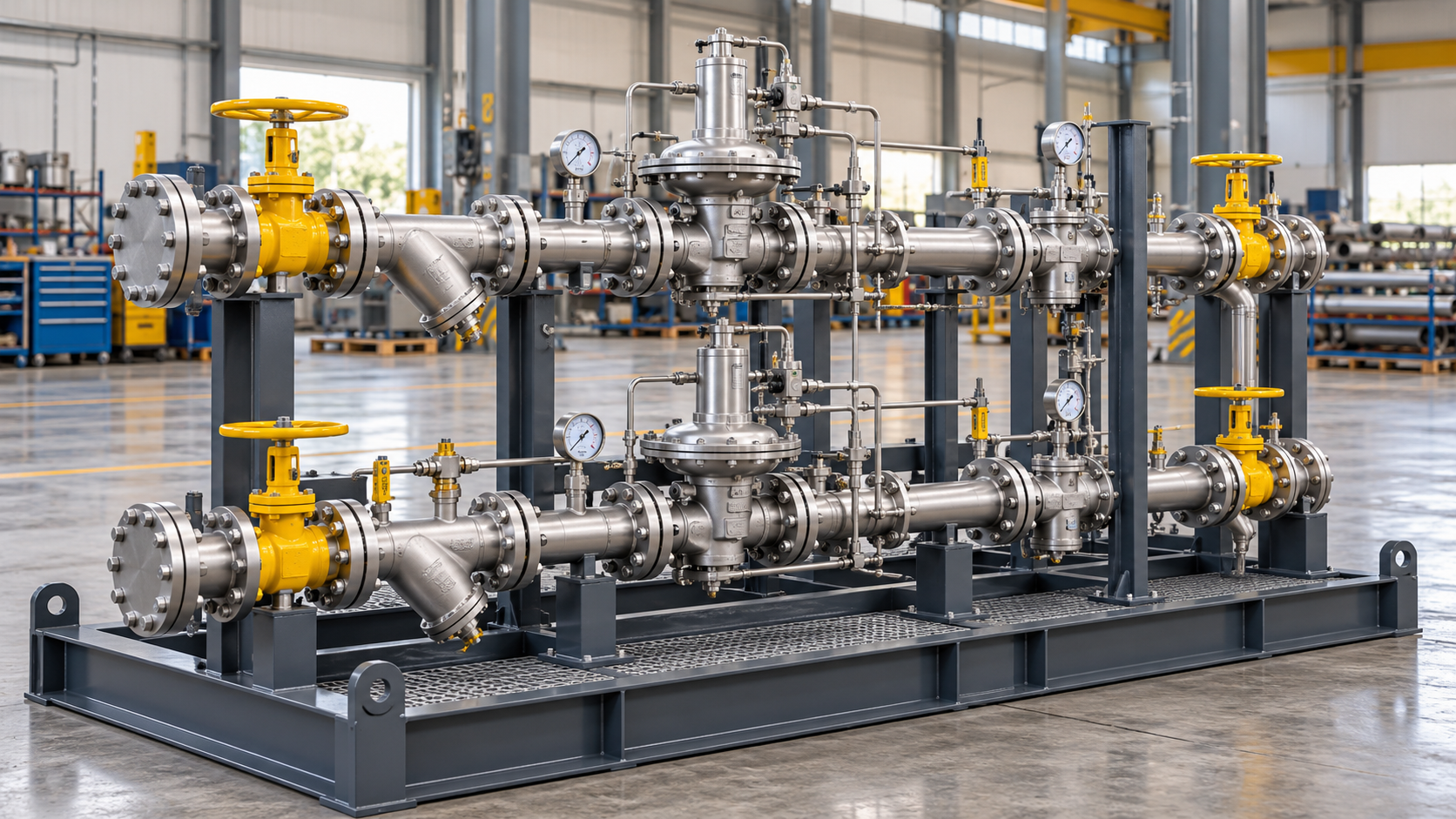 Illustration of a pressure reducing skid with gas regulation piping, pressure gauges, isolation valves and a steel base frame