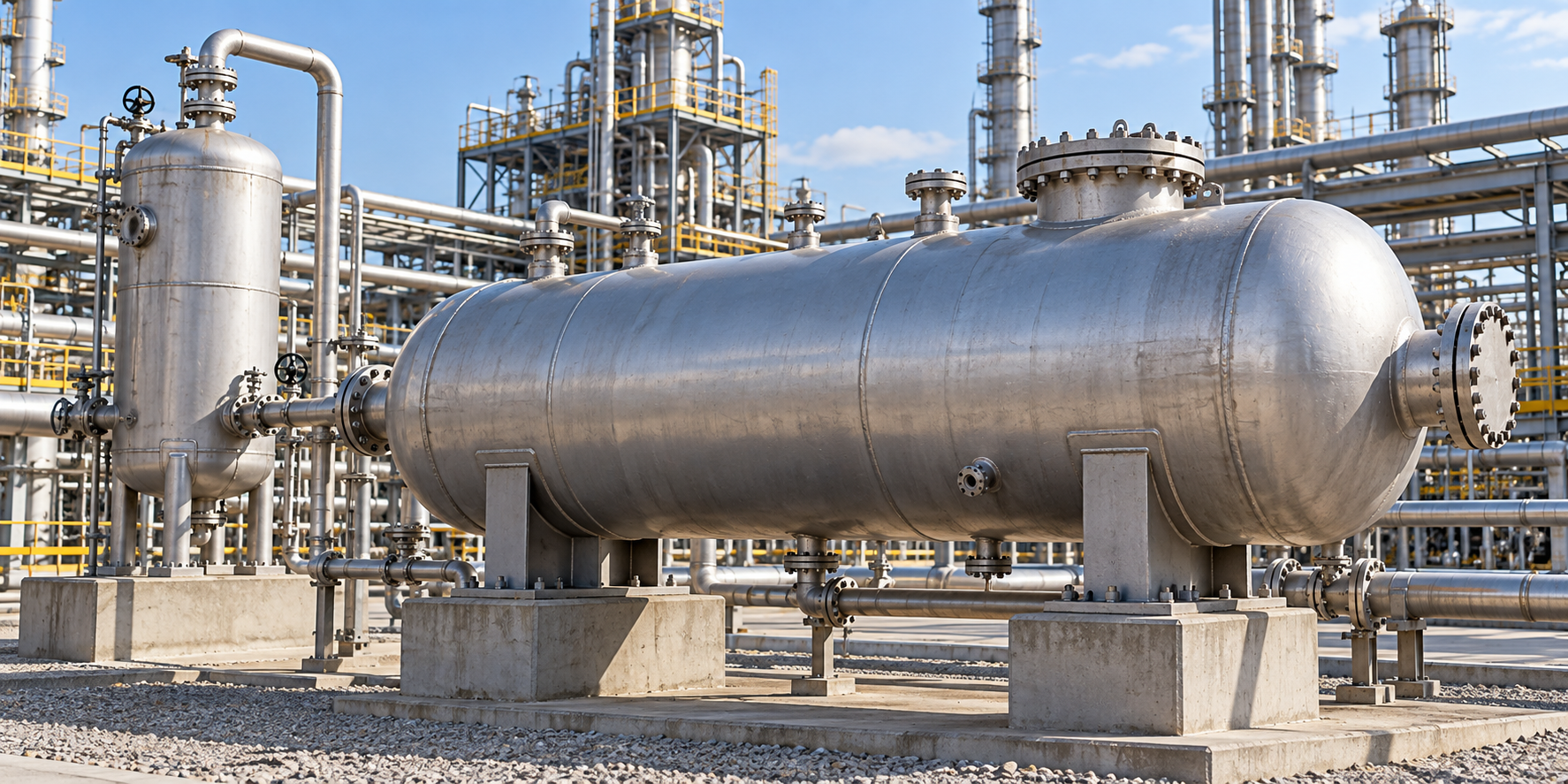 Illustration of horizontal and vertical pressure vessels with flanged nozzles and supports in an oil and gas refinery.