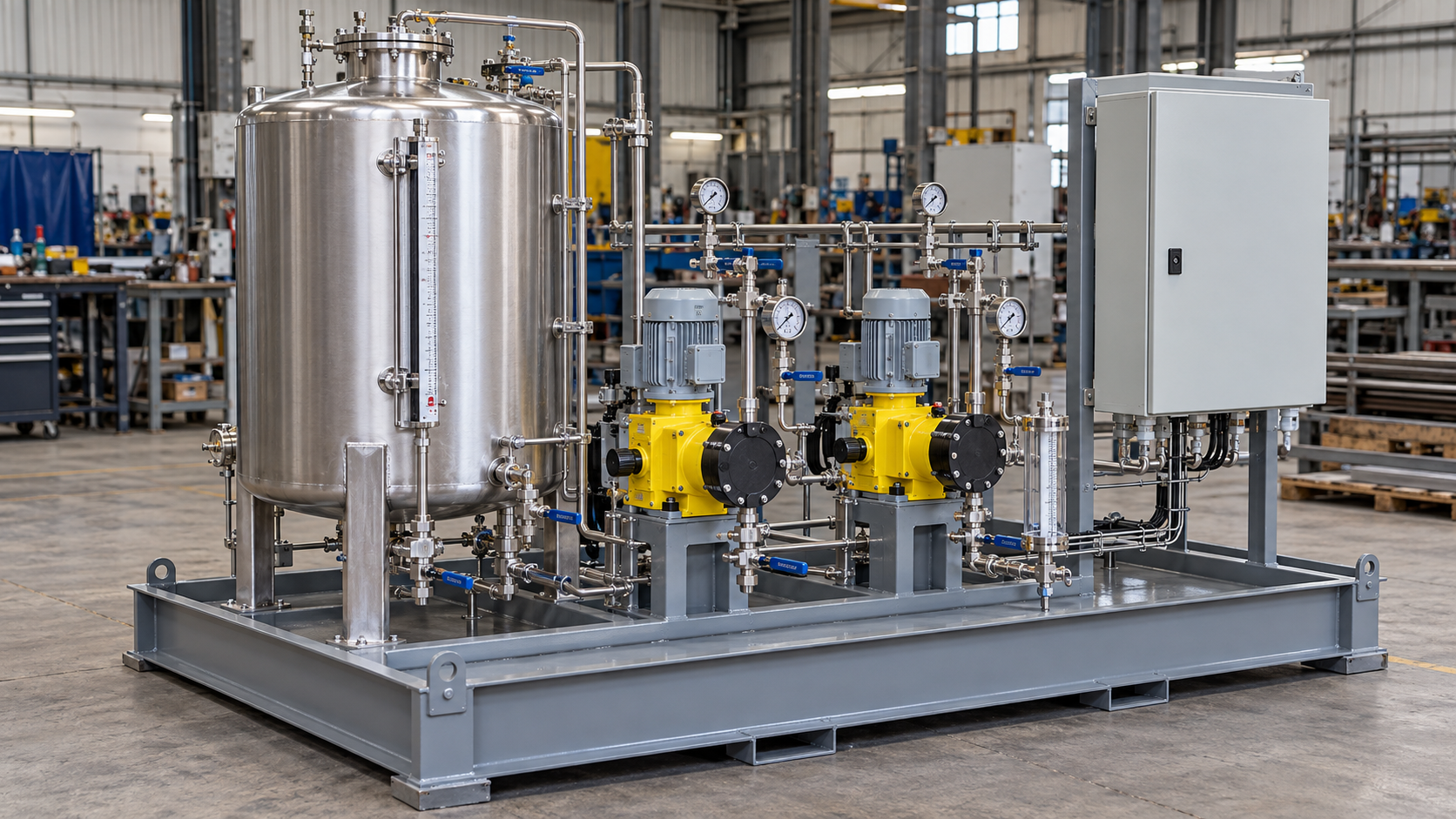 Realistic illustration of a chemical injection package skid with stainless steel tank, metering pumps, tubing and steel base frame.