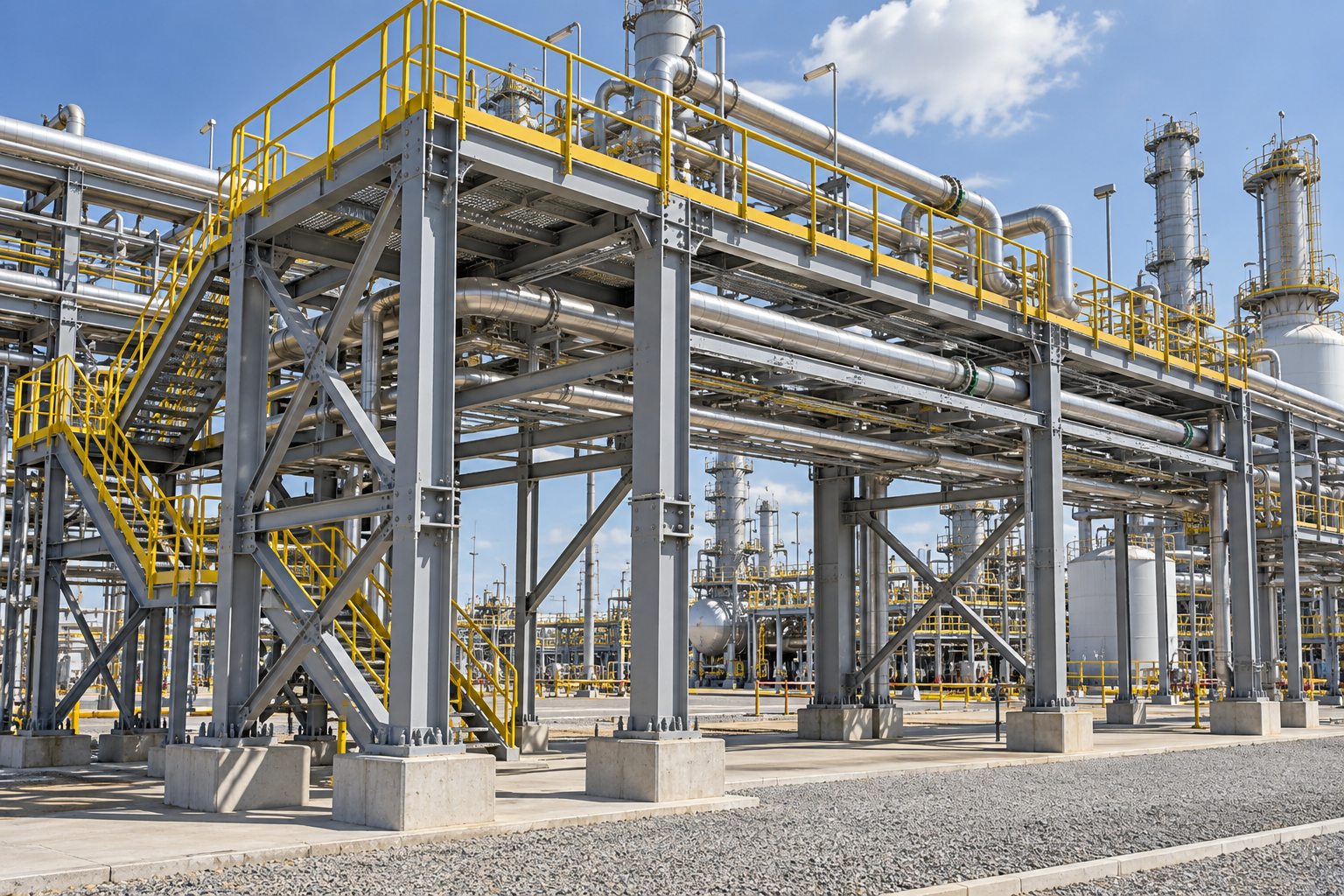Illustration of an oil and gas pipe rack with steel bracing, supported piping, access platforms and concrete foundations.