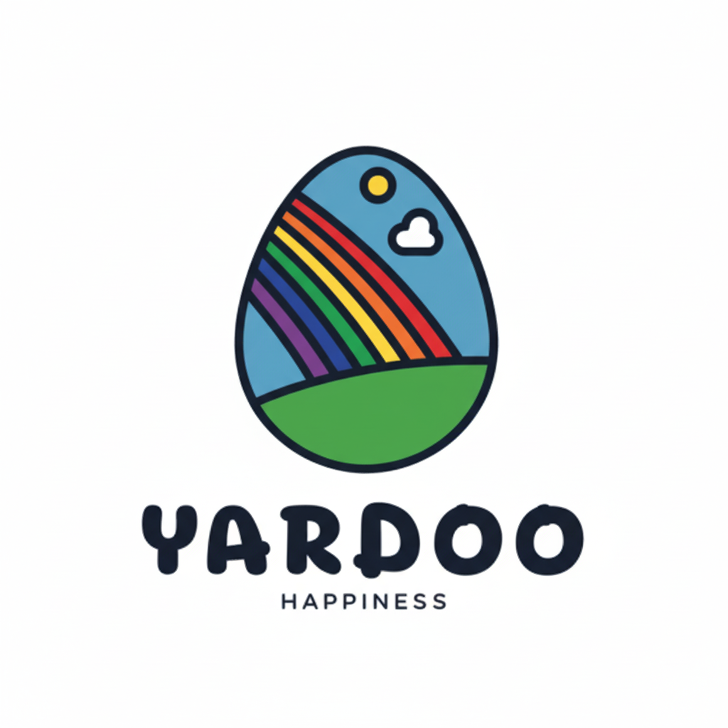 Egg-shaped logo with a rainbow, green hill, sun, and cloud, featuring the text 'Yardoo Happiness' below.