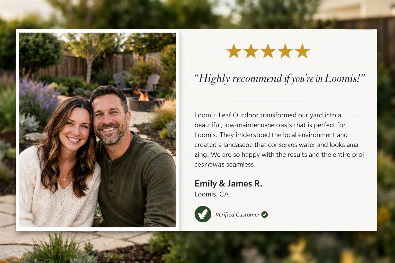 A smiling couple sitting outdoors in a garden with a fire pit in the background.
