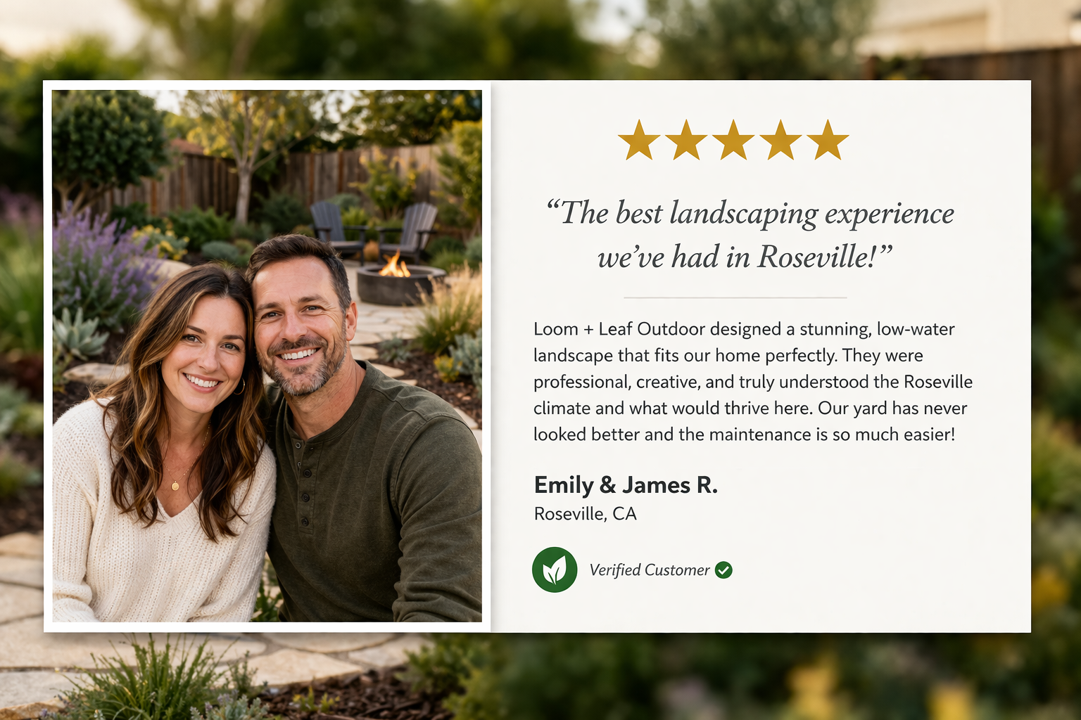 A happy couple in a landscaped backyard with outdoor fire pit, surrounded by plants and garden furniture, sharing a moment together.