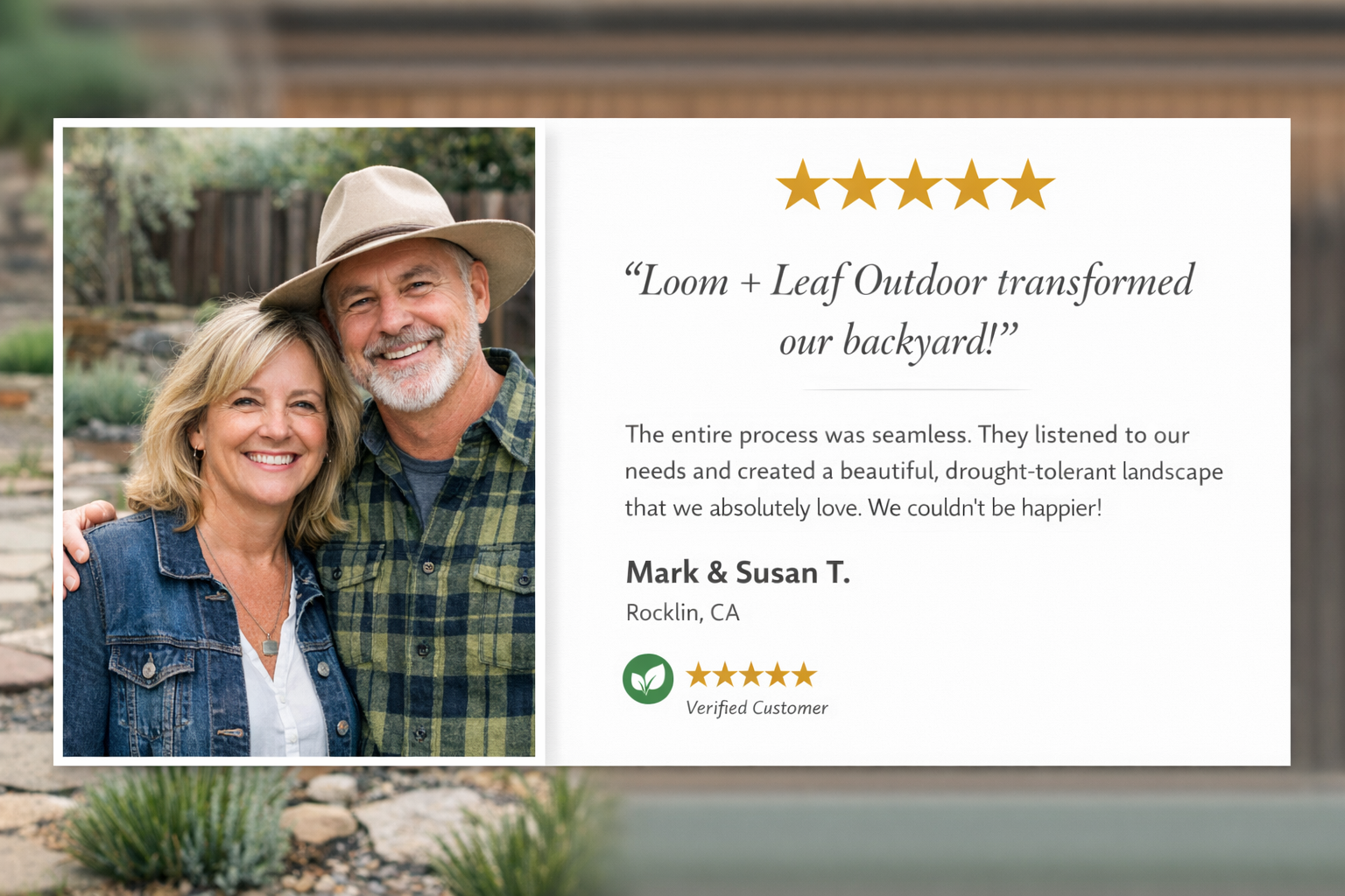 A smiling older couple standing outdoors in a backyard with landscaping, with a testimonial and five-star ratings on a digital card overlay.