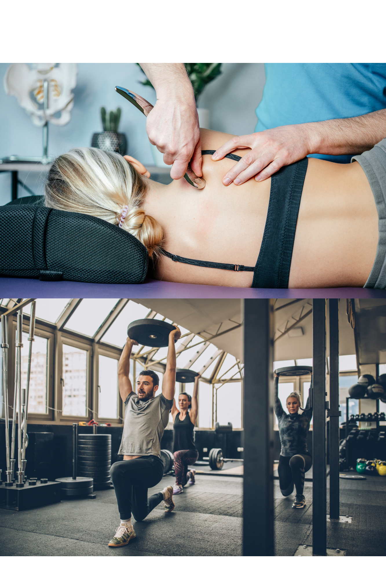 A woman receiving a medical checkup while lying on a table in a clinical setting, and three people exercising with weight plates in a gym.