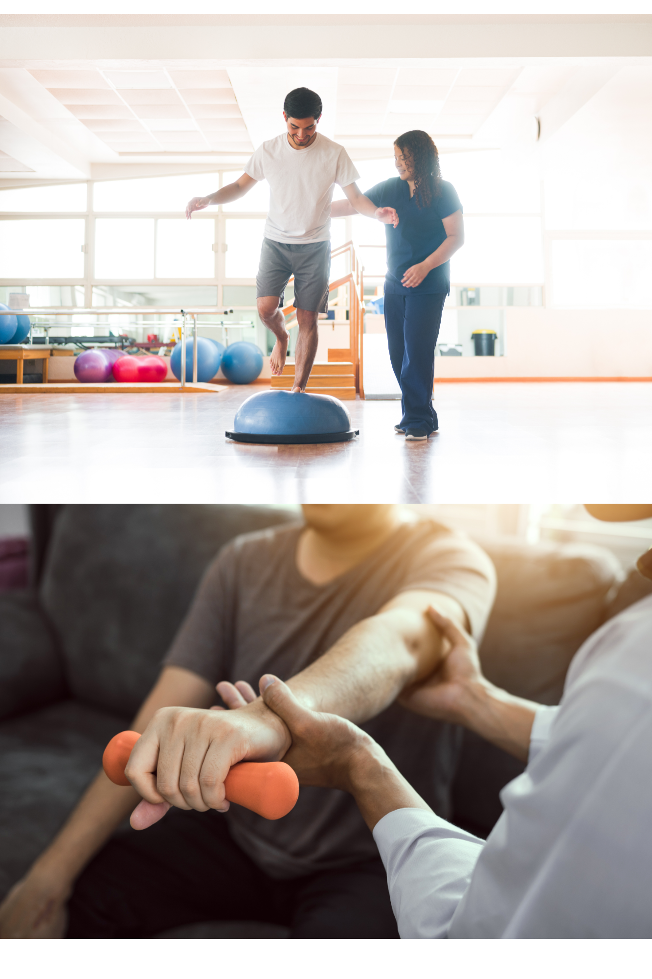 A man and a woman in a gym, with the man balancing on a stability cushion and the woman guiding him. In a separate scene, a healthcare professional is assisting an elderly person with arm exercises using a small orange dumbbell.