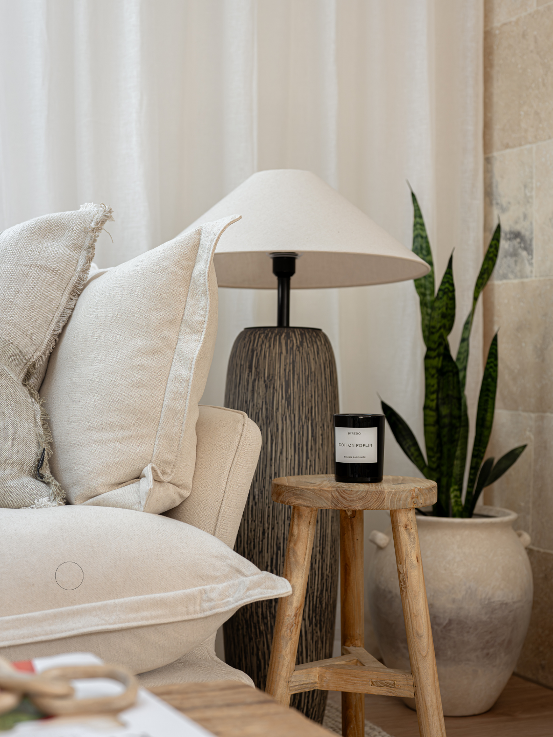 Ceramic table lamp, Byredo candle and snake plant styled on a timber side table, Glenelg Retreat living room detail