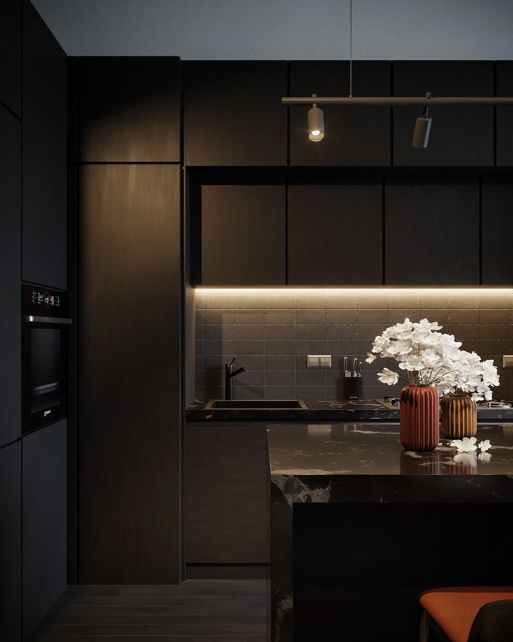 Moody kitchen with black cabinetry and brass panelling, Young & Co Interiors