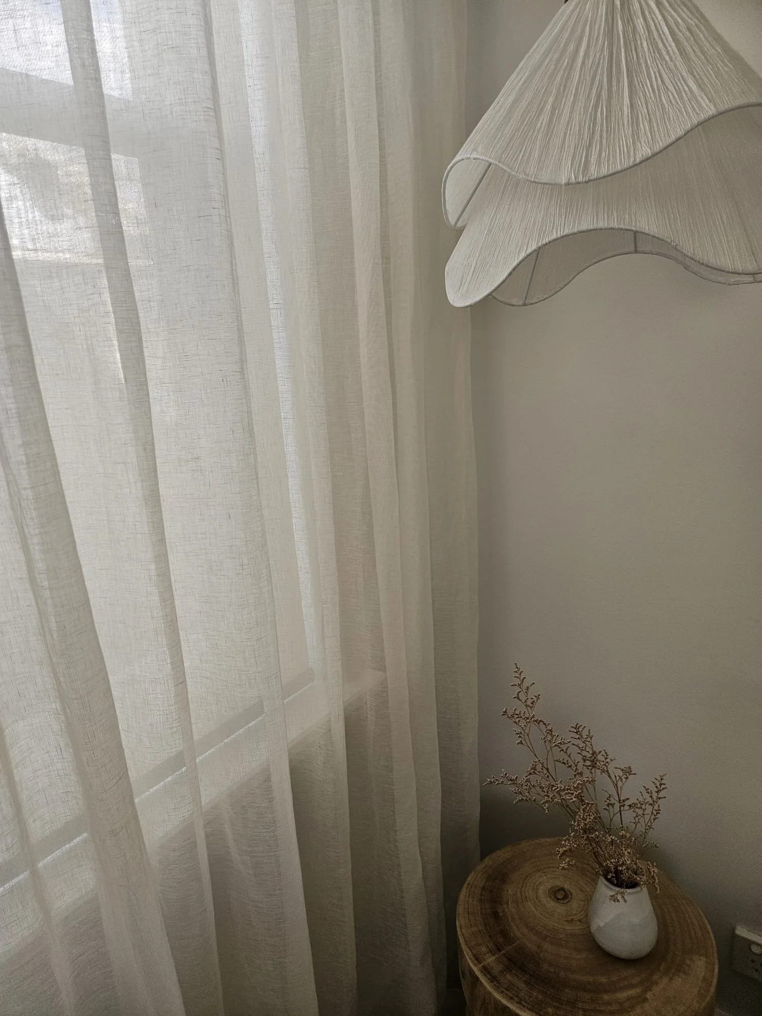 Sheer linen curtain and scalloped pendant light detail, Glenelg Retreat, Young & Co Interiors
