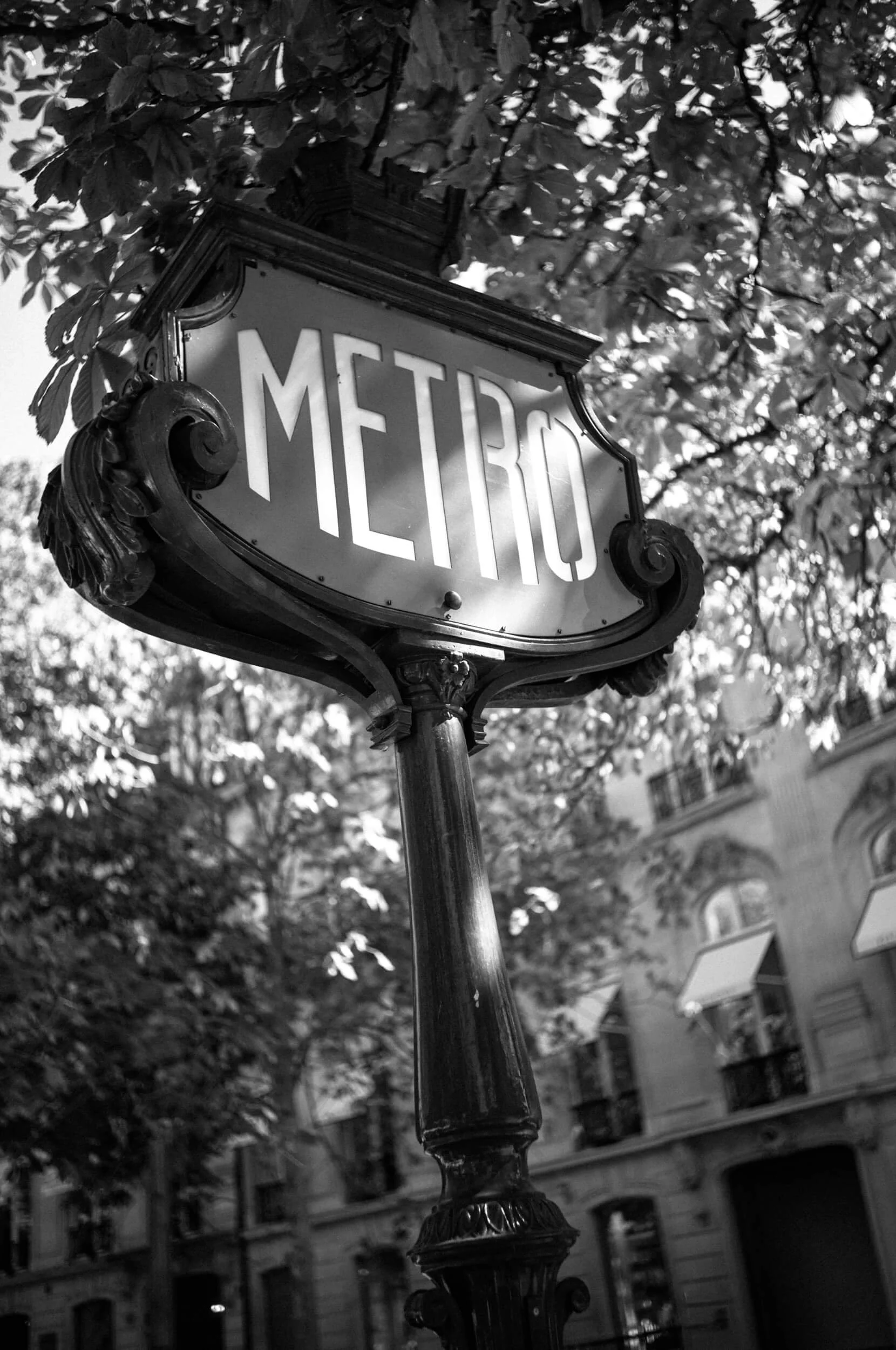 Black and white photograph of a Paris Metro sign beneath trees, photographed with the Mandler 35mm f/2.