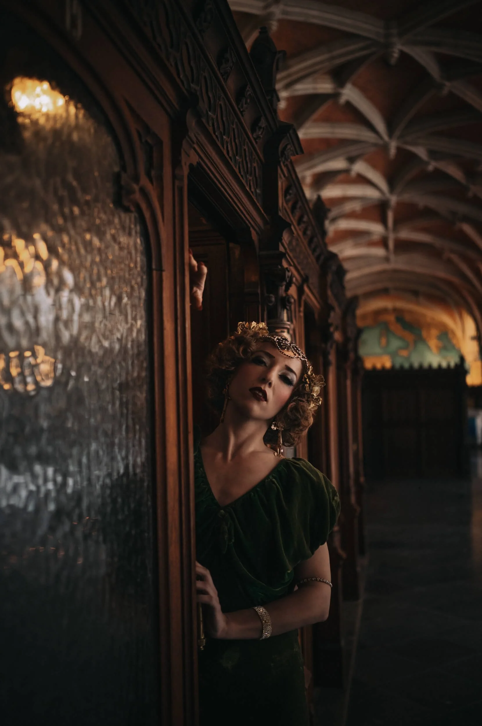 Portrait of Chanelle inside the historic Handelsbeurs in Antwerp photographed with the Thypoch Ksana 35mm f/2 at wide aperture