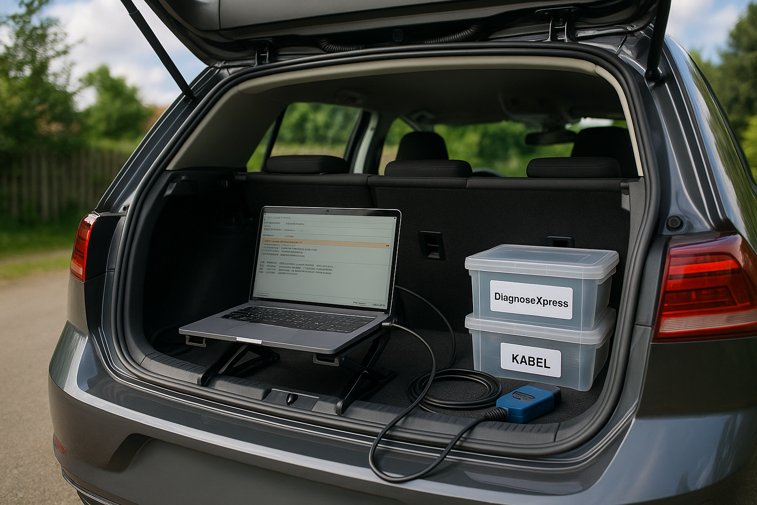 Ein geöffneter Kofferraum mit einem Laptop auf einer Stütze, der Laptop zeigt eine Diagnosesoftware. Daneben befinden sich zwei Kisten mit der Beschriftung „DiagnoseXpress“ und „KABEL“. Ein Diagnostikkabel ist sichtbar.