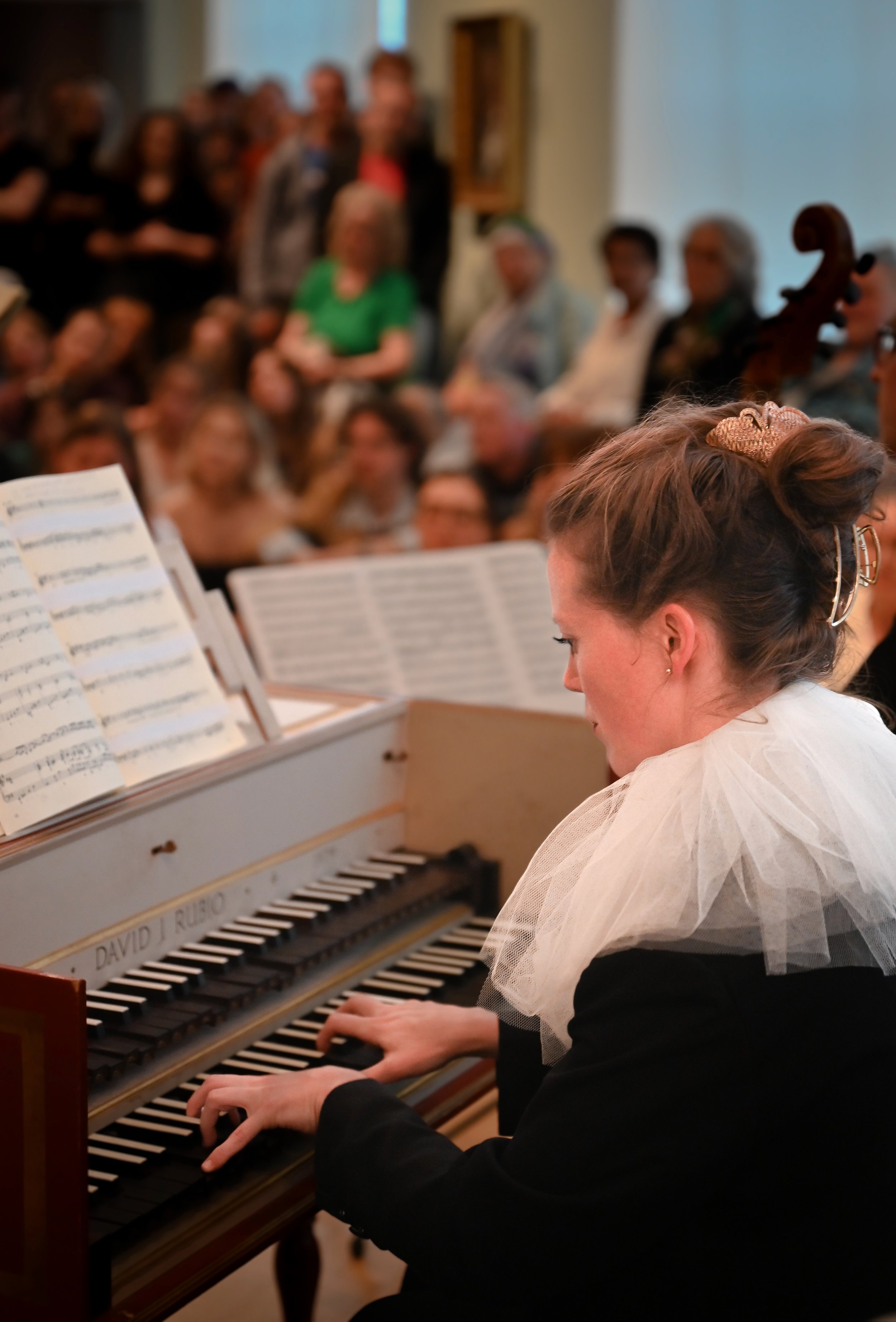 Musician playing a harpsichord with an audience in the background.