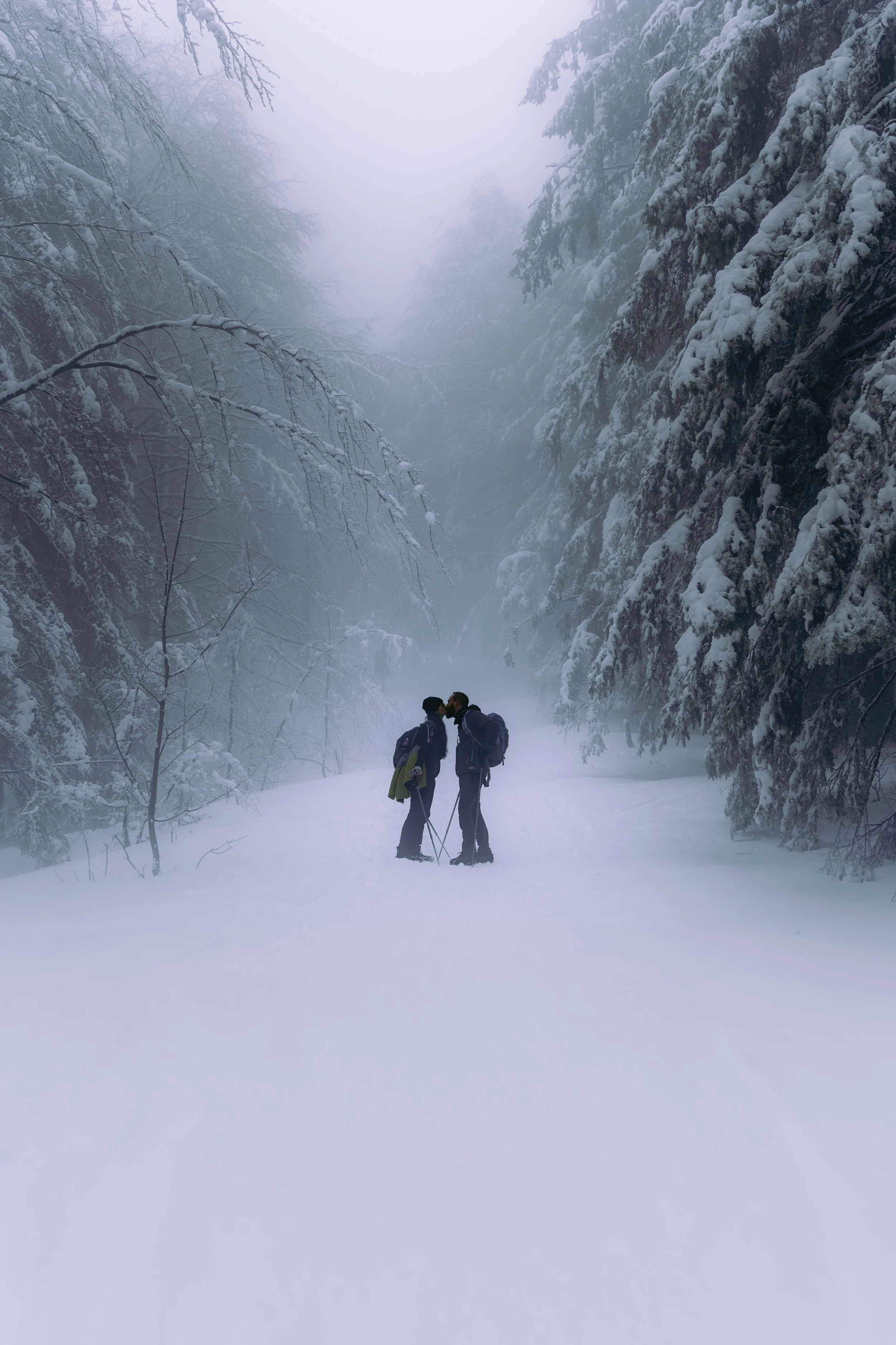 Due escursionisti si baciano in una valle innevata circondata da alberi ricoperti di neve.
