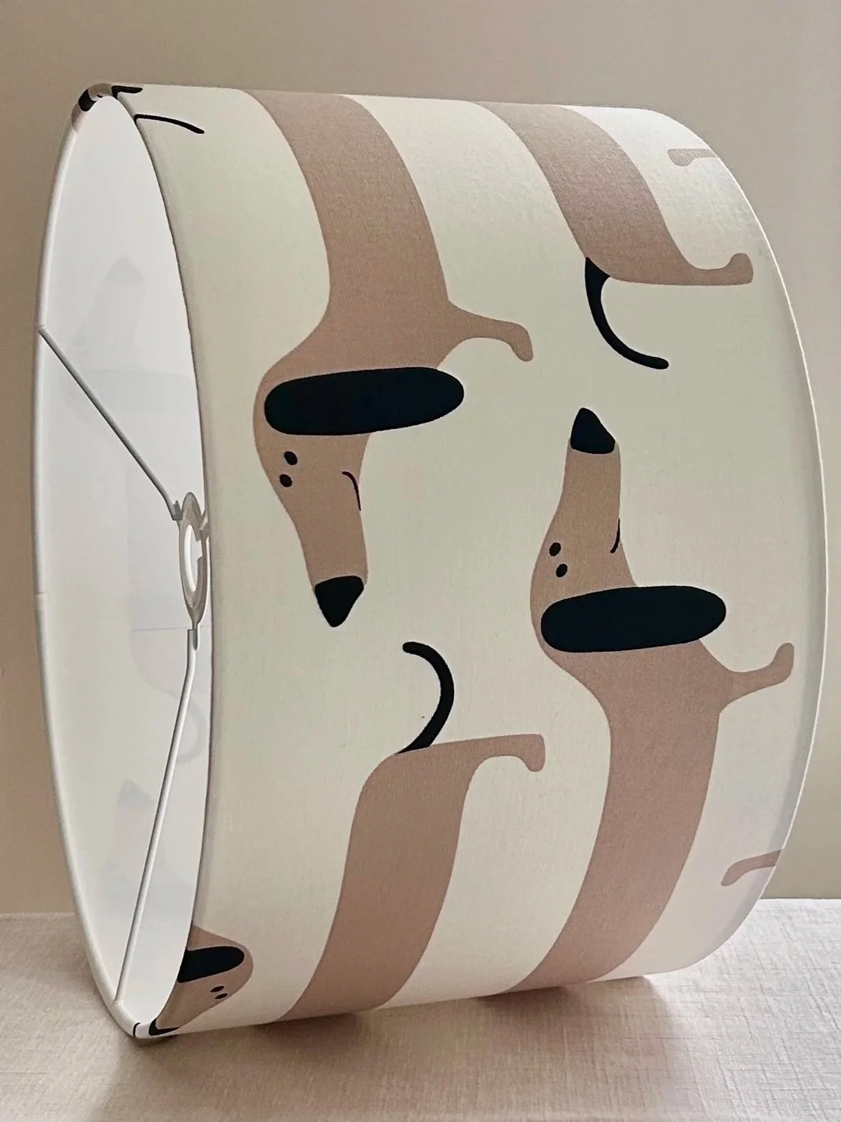Happy Sausage Dog Lampshade, handmade to order in Cheshire by Milly and Monty Bespoke Lampshades. UK wide delivery