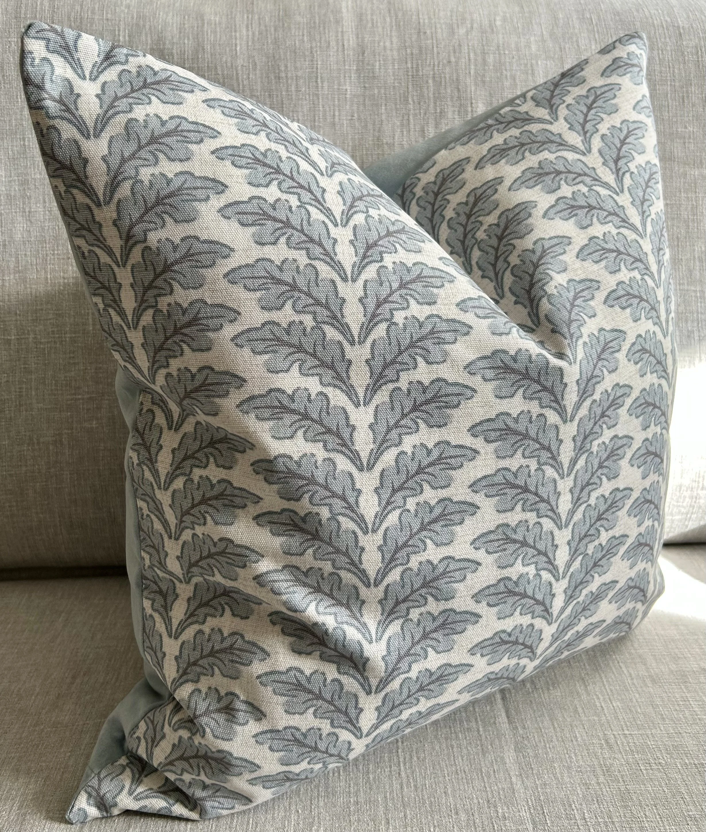 Small leaves, velvet-backed cushion in pale blue. Handmade to order by Milly and Monty Bespoke Lampshades. UK-wide delivery.