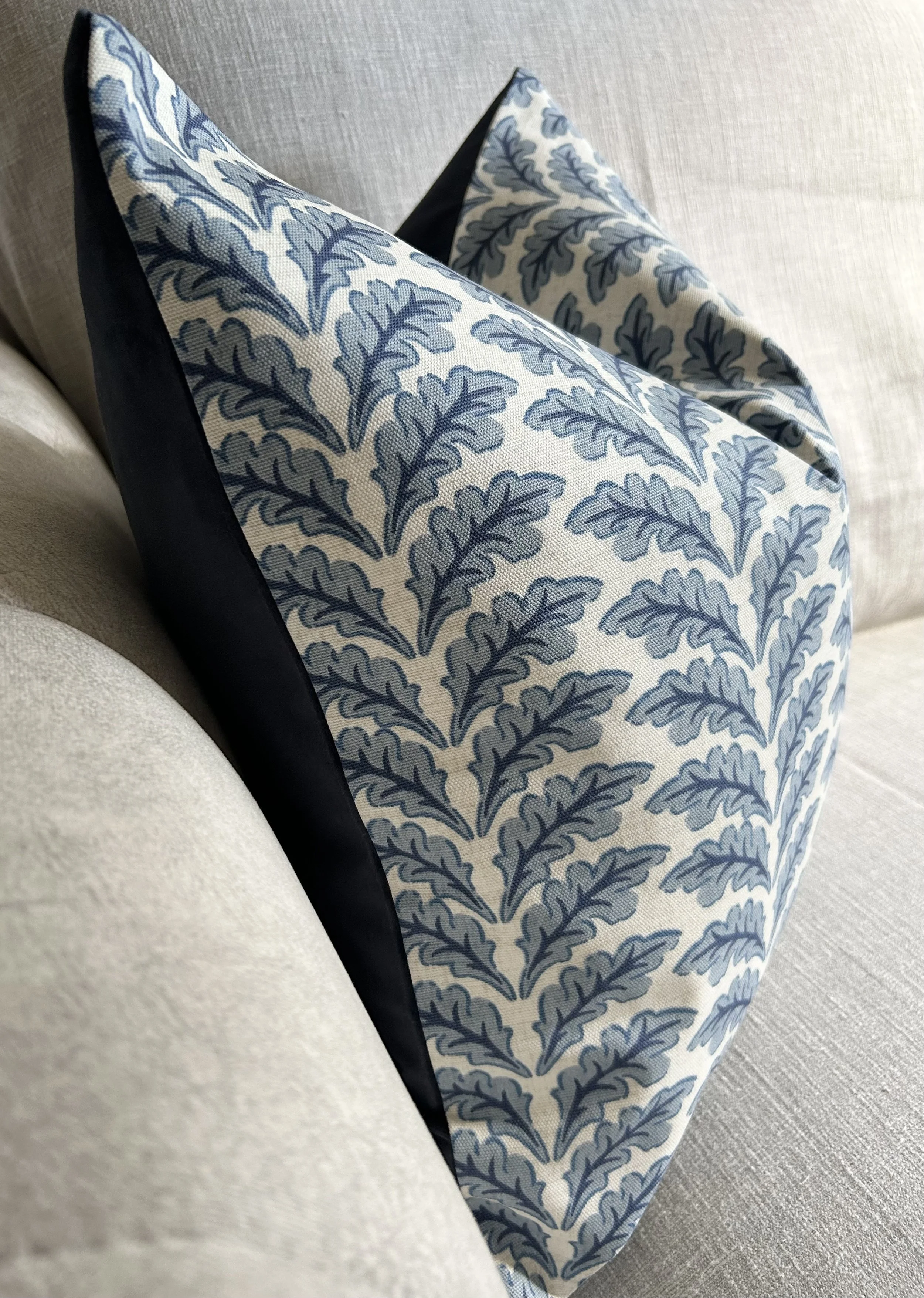 Small leaves, velvet-backed cushion in navy blue. Handmade to order by Milly and Monty Bespoke Lampshades. UK-wide delivery