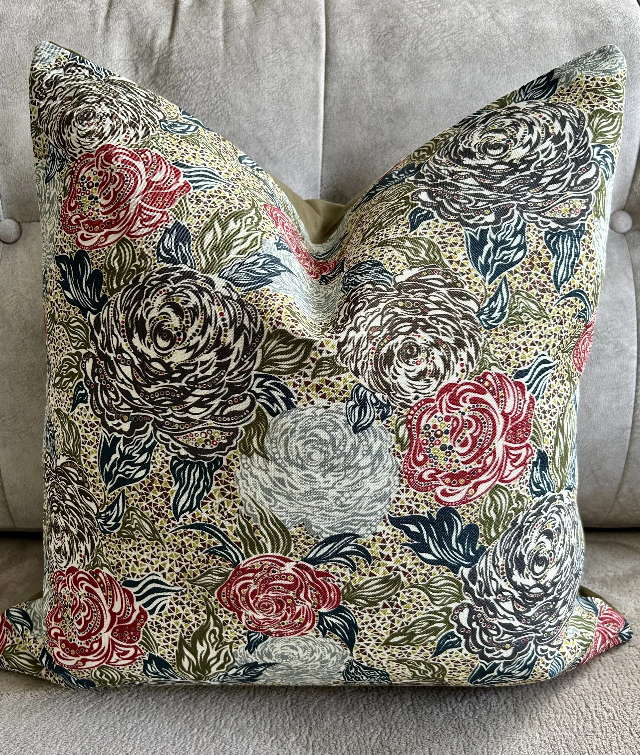 Liberty Kate Ada linen, velvet backed cushion, handmade in Cheshire by Milly and Monty Bespoke Lampshades. UK wide delivery