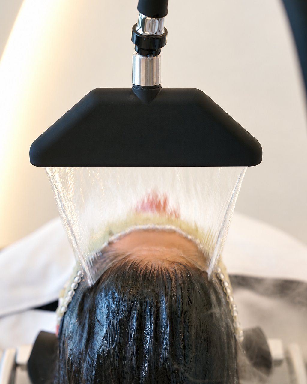Water curtain rinse during a Japanese-style head spa at Cosh Head Spa in Burlingame