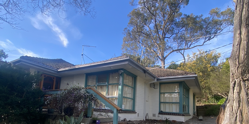 Single-story white house with blue accents, large windows, and a wooden railing. Surrounded by trees and a clear blue sky overhead.