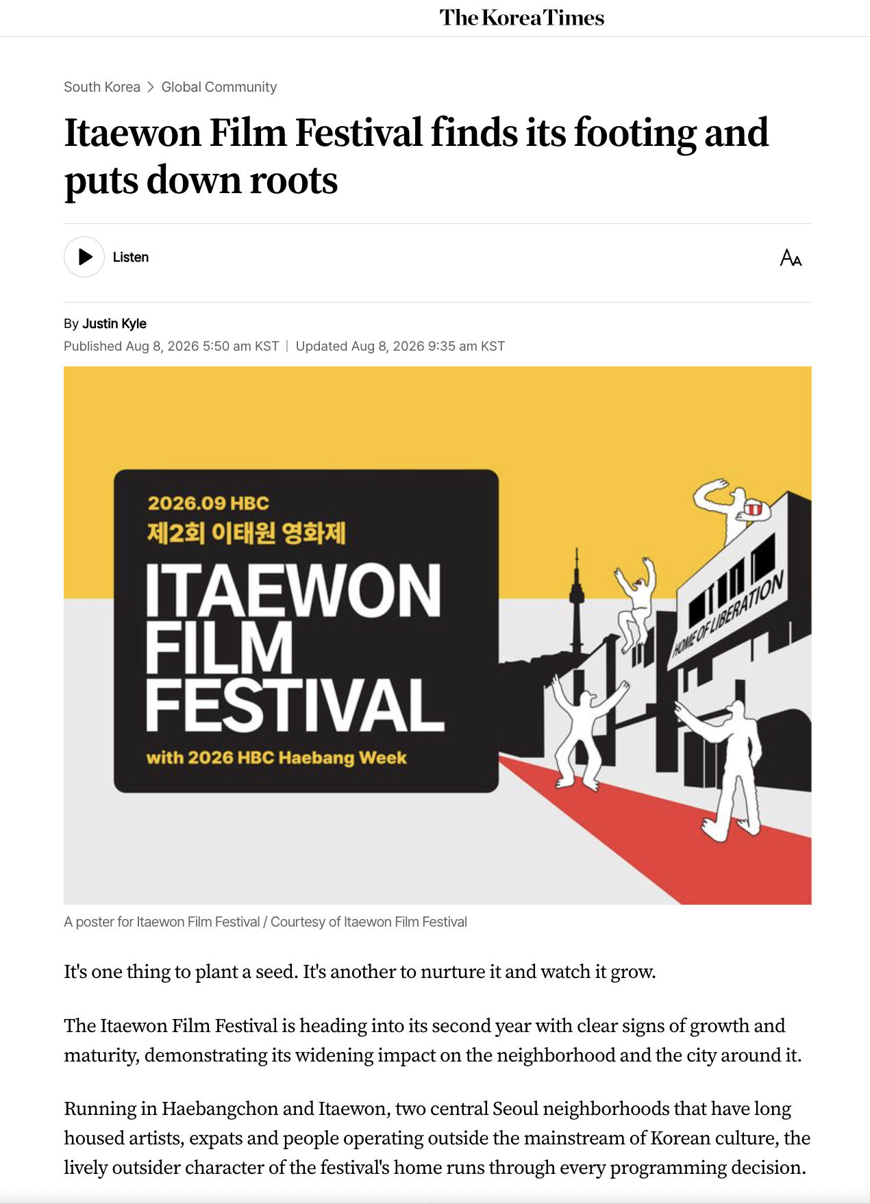 Itaewon Film Festival 2026 Featured on The Korea Times