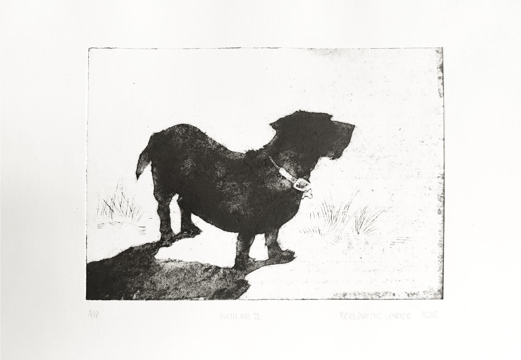 Drypoint print from a cardboard plate depicting a silhouettes from dog walks, rendered to suggest memory and everyday acts of care and connection.