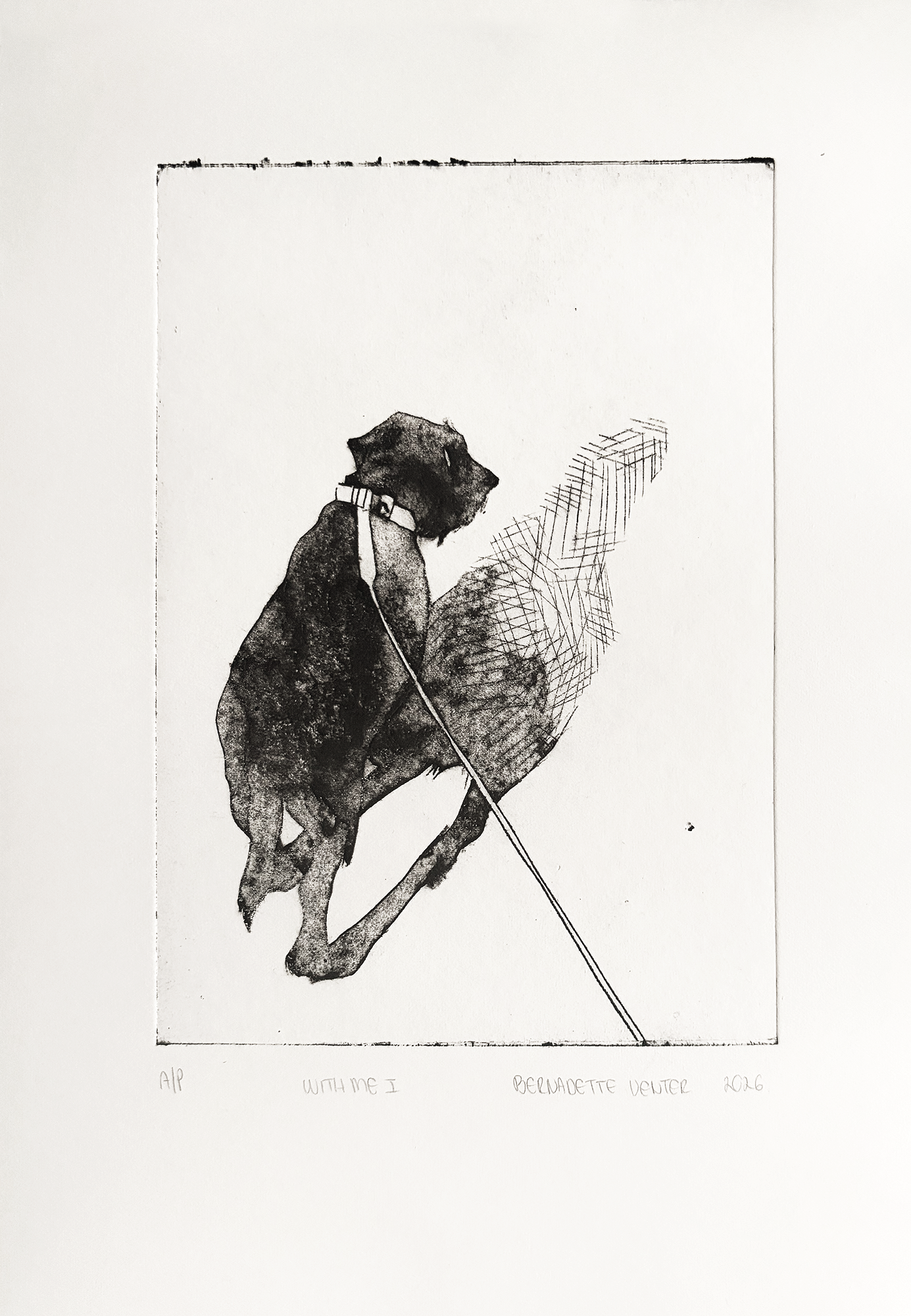 Drypoint print from a cardboard plate depicting a silhouettes from dog walks, rendered to suggest memory and everyday acts of care and connection.