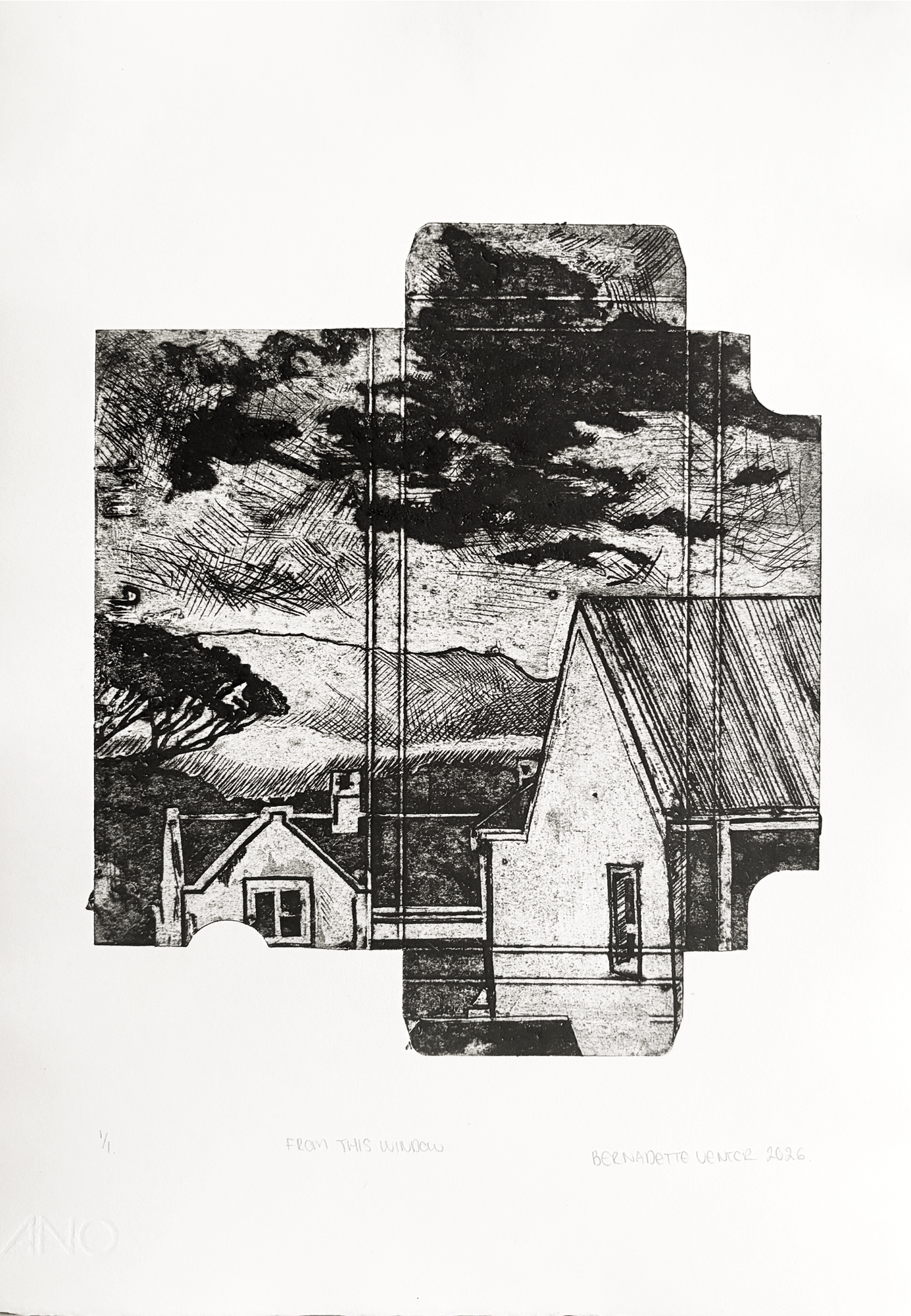 Drypoint print from a cardboard plate showing a softly framed view through a studio window, reflecting themes of observation, belonging and quiet separation from the outside world