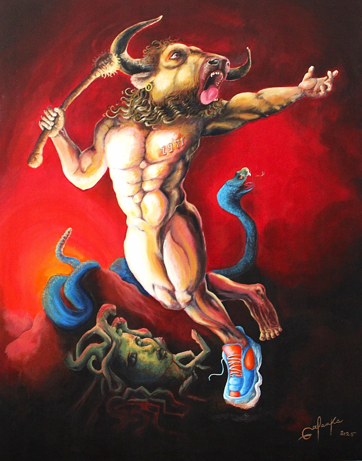 Peinture de Galanka représentant une figure monumentale sur fond rouge.