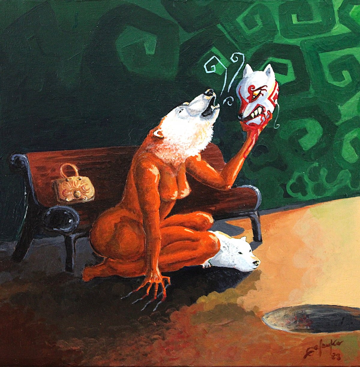 La peau que je dois porter est une peinture de la série Wildate de Galanka. Une figure assise, tenant un masque face à elle, prise dans la tension entre apparence imposée, mémoire du corps et artifice.