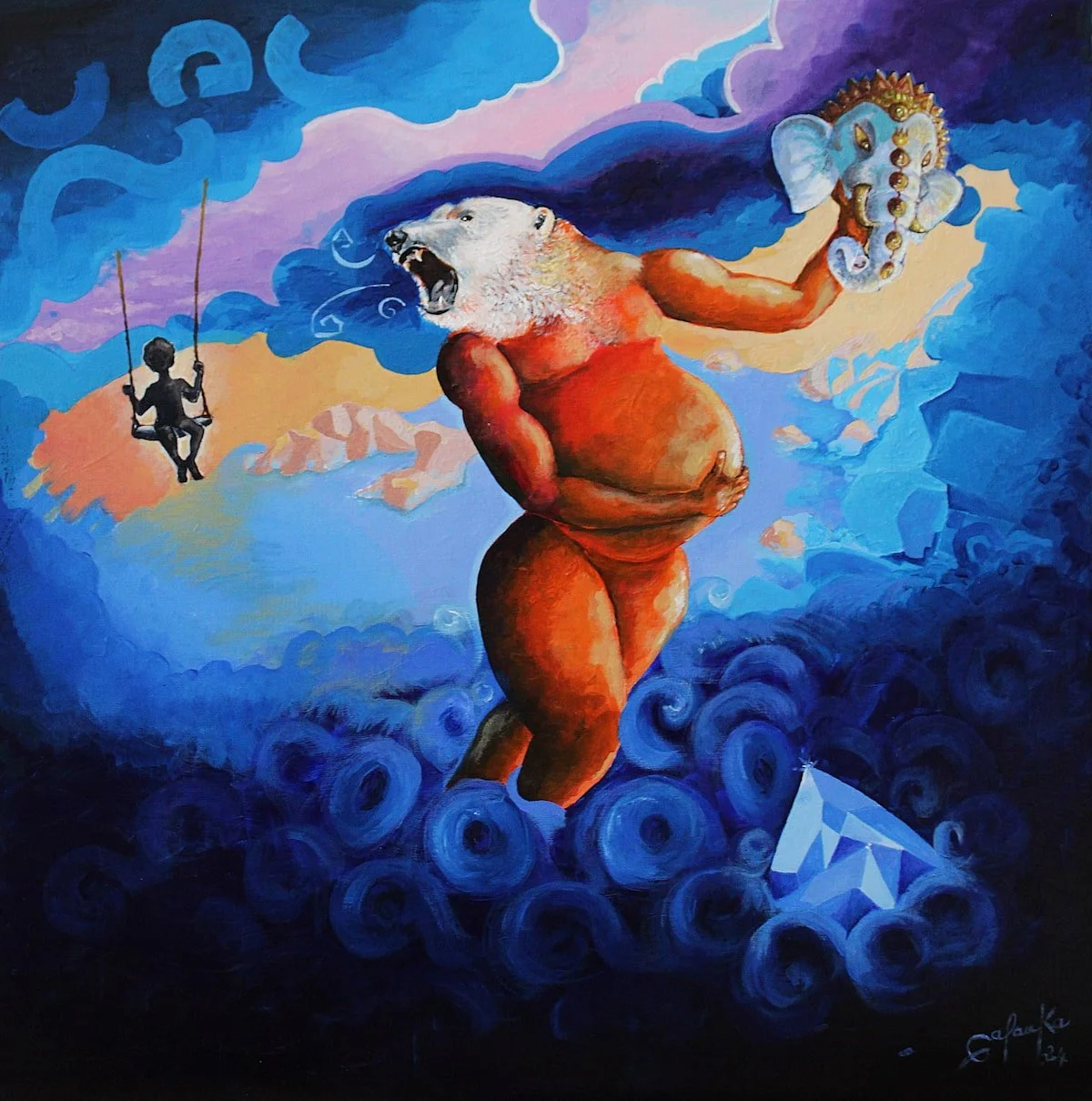 Peinture de la série Wildate par Galanka. Une figure façonnée par une voix qui ne lui appartient pas, suspendue entre origine et artifice, où le corps conserve la trace d’une mémoire imposée.