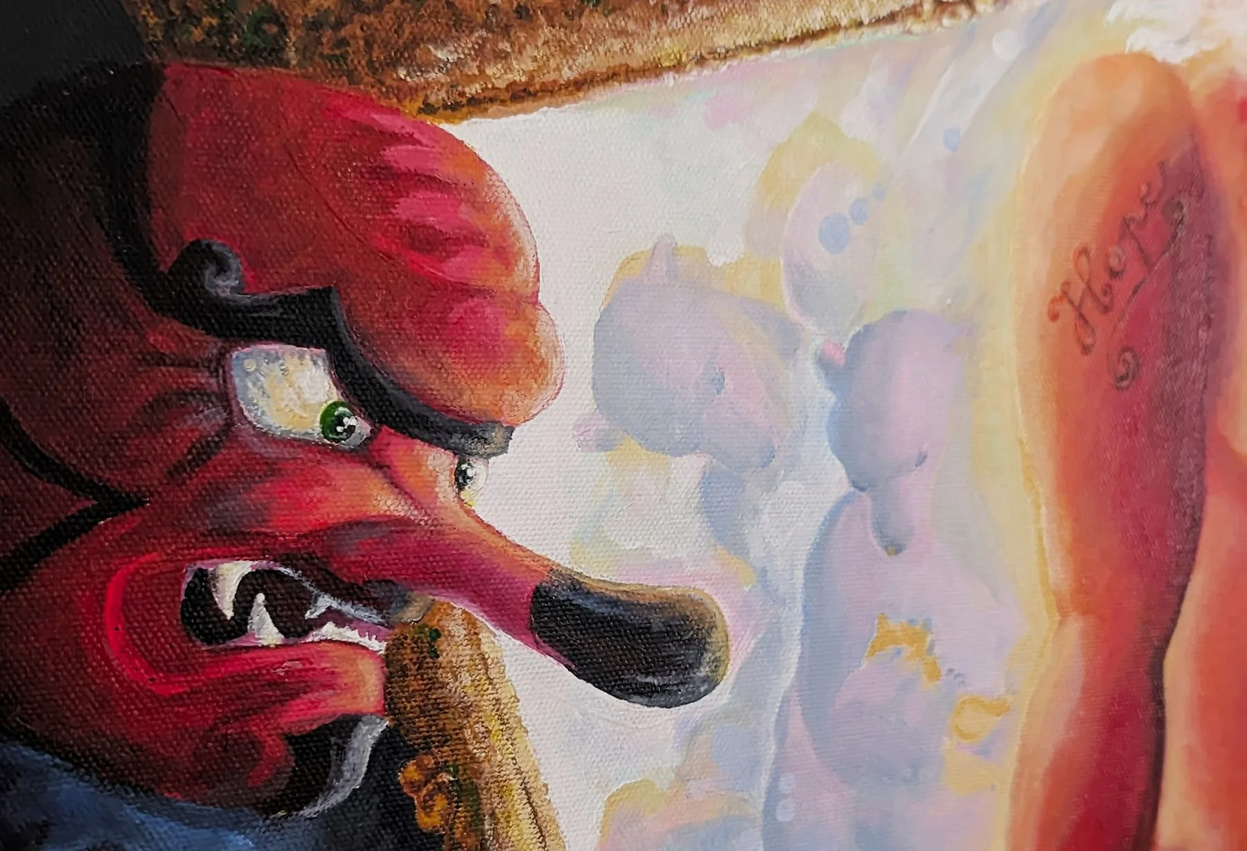 Détail du tableau Le corps qu’ils ont corrigé de Galanka, montrant un visage masqué peint en rouge devant un fond clair.