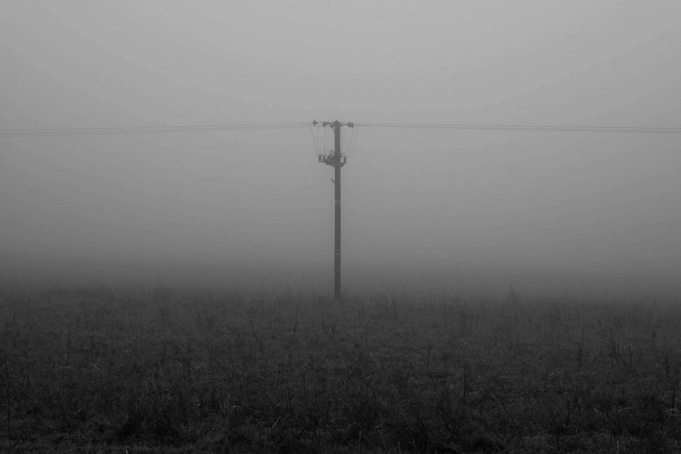 A foggy landscape with a lone utility pole in the center, and power lines extending horizontally across the foggy sky.
