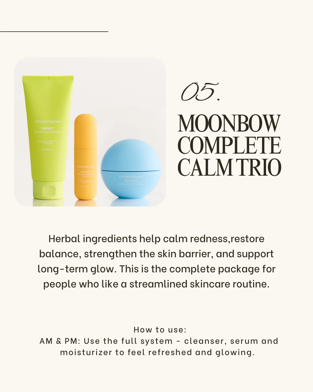 Graphic showing Moonbow's complete skin care trio of a cleanser, moisturizer and serum all based in Chinese medicine