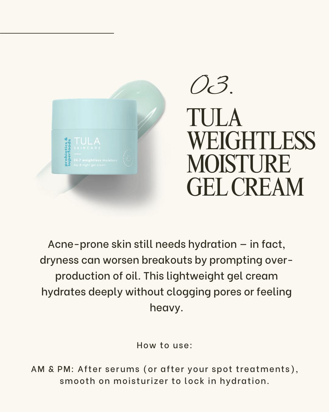 Image showing the Tula Weightless moisture gel cream that our acupuncture clinic recommends for acne treatment and a description of how it works.