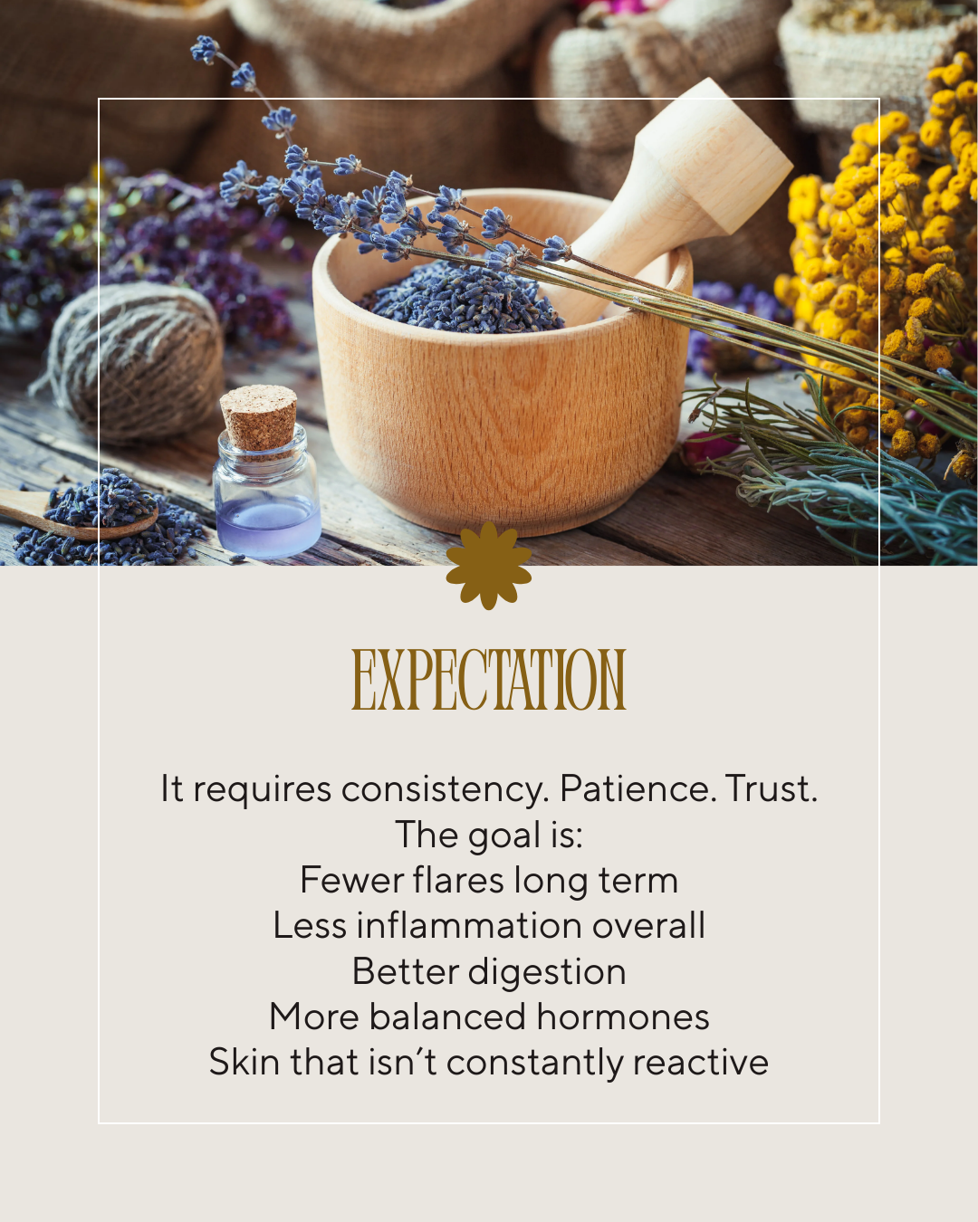 A mortar a pestle with Chinese herbs with the text "Expectation: It requires consistency, Patience trust. The goal is fewer flares long term, less inflammation overall, better digestion, more balanced hormones, skin that isn't constantly reactive"