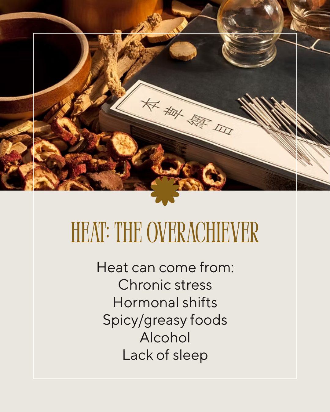 Image of Chinese herbs and acupuncture needles and the text "Heat: The overachiever. Heat can come from: Chronic stress, hormonal shifts, spicy/greasy foods, alcohol, or lack of sleep"