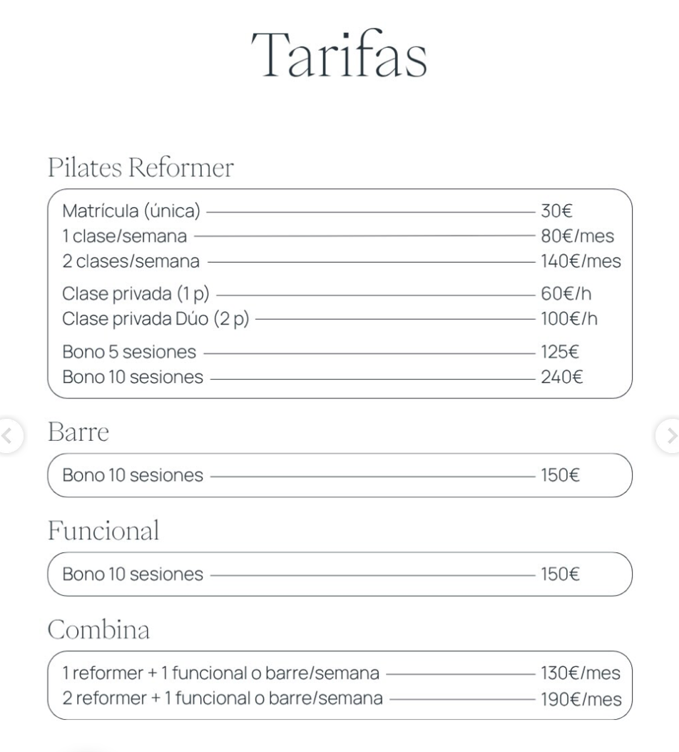 Tarifas de Pilates Reformer, Barre, funcional y combinados de Tempo 360