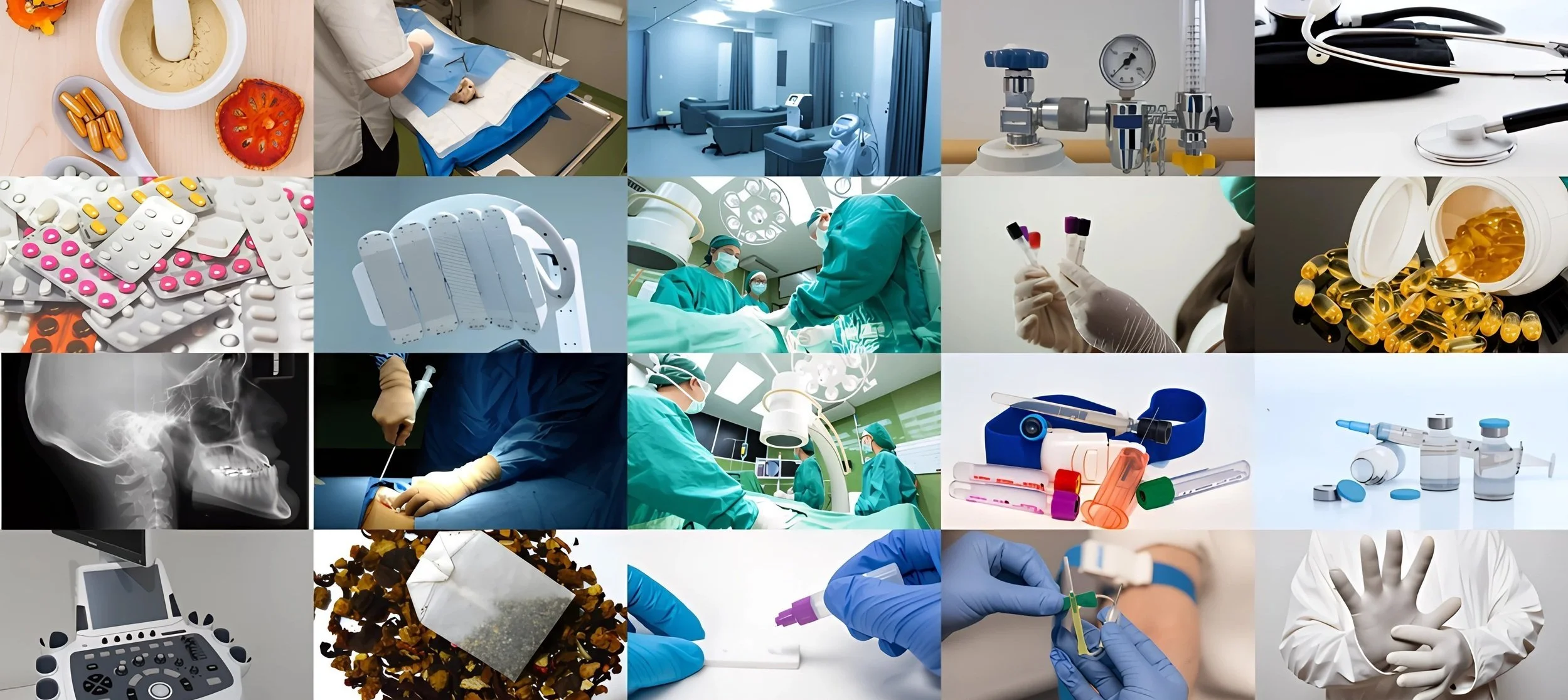 A collage of medical and healthcare equipment, including hospital rooms, surgical instruments, medications, x-ray images, healthcare professionals performing surgery, and various medical devices and supplies.