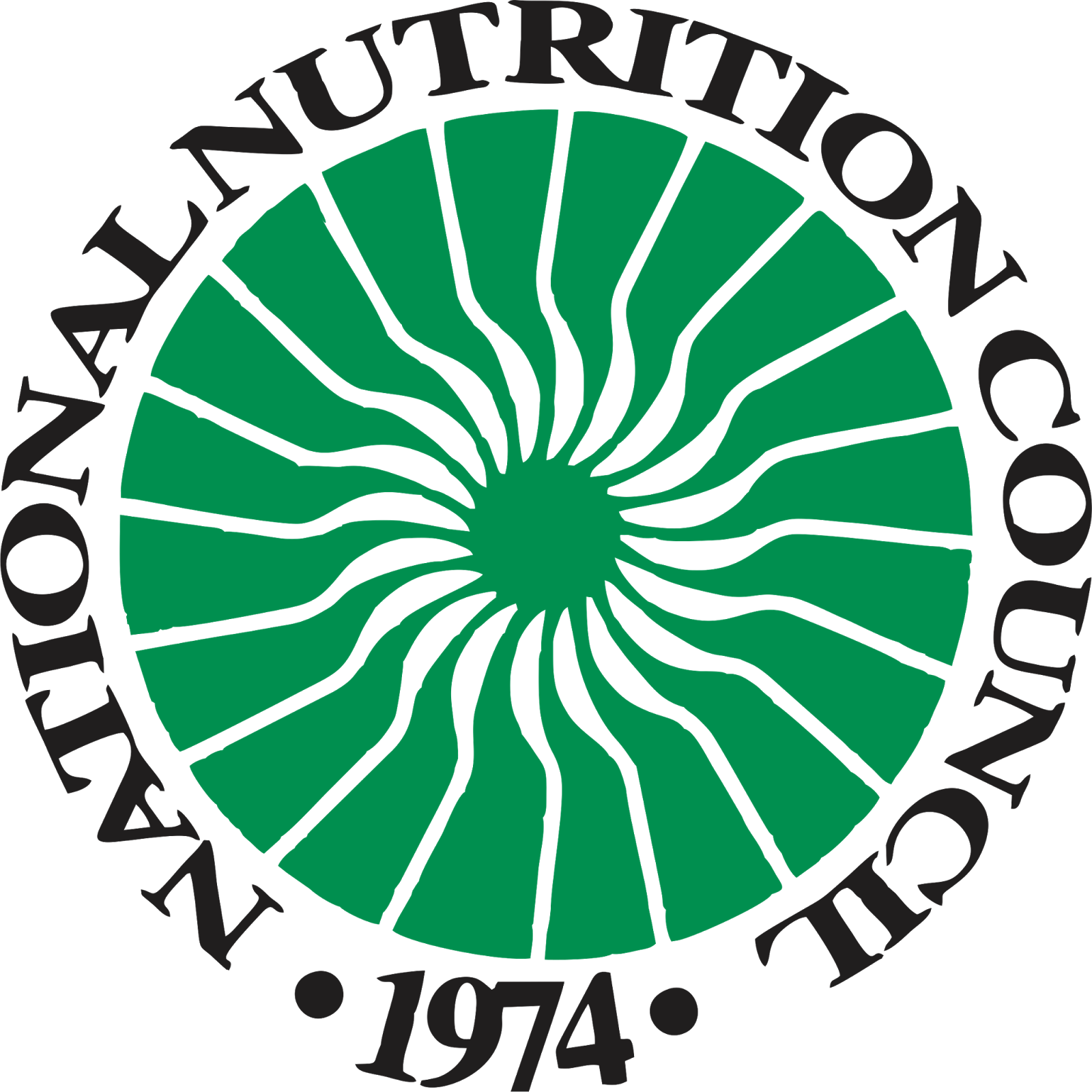 Circular logo with a green spiral pattern in the center and black text around it that reads "NATIONAL NUTRITION COUNCIL 1974".