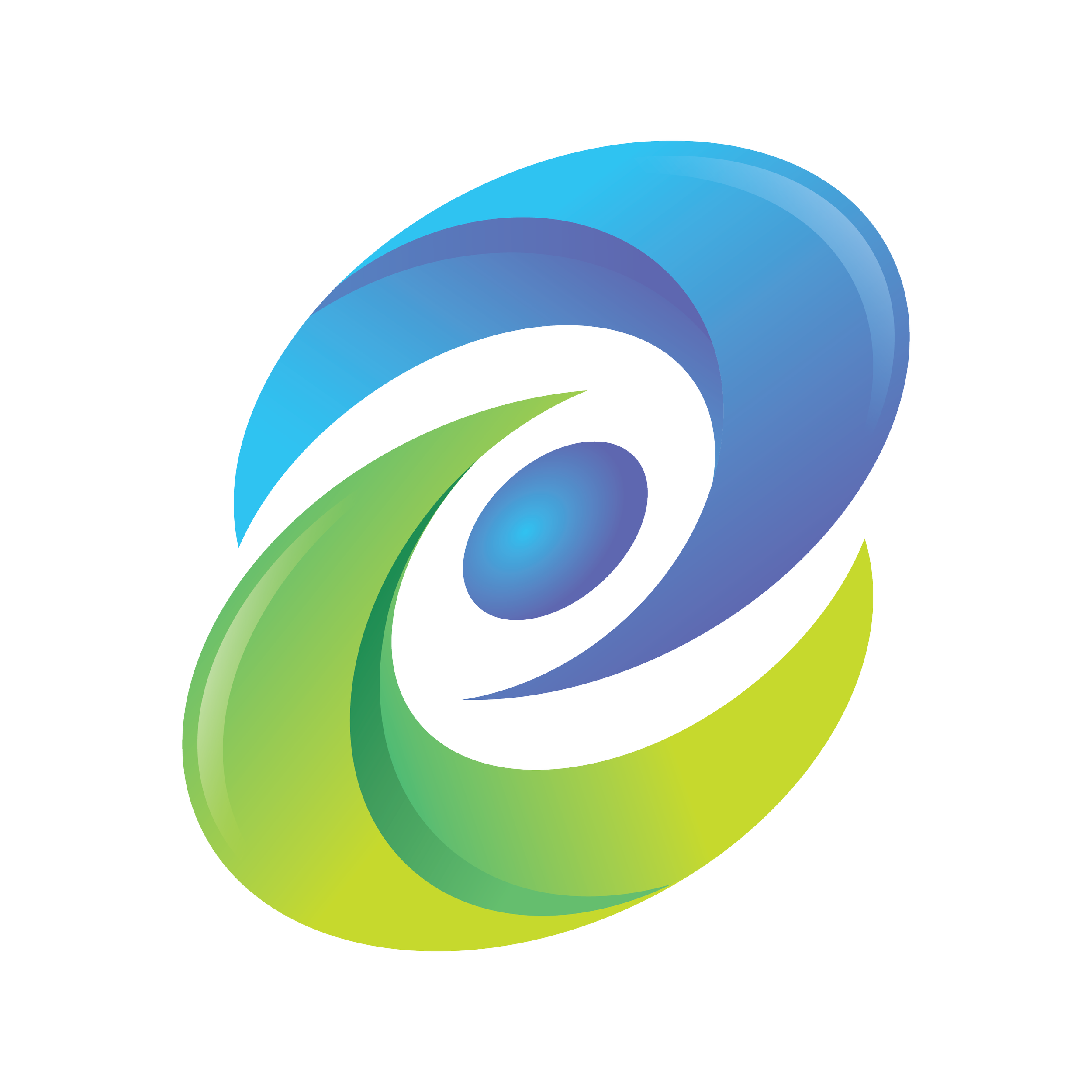 Abstract 3D logo with blue and green swirling shapes around a central blue sphere.