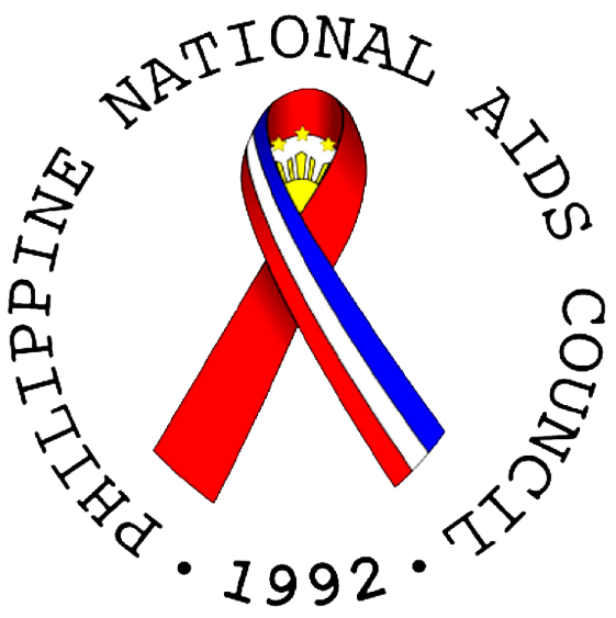 An emblem with a red ribbon and a shield in the center, surrounded by the words 'Philippine National Aids Council' and the years 1992 and 2012.