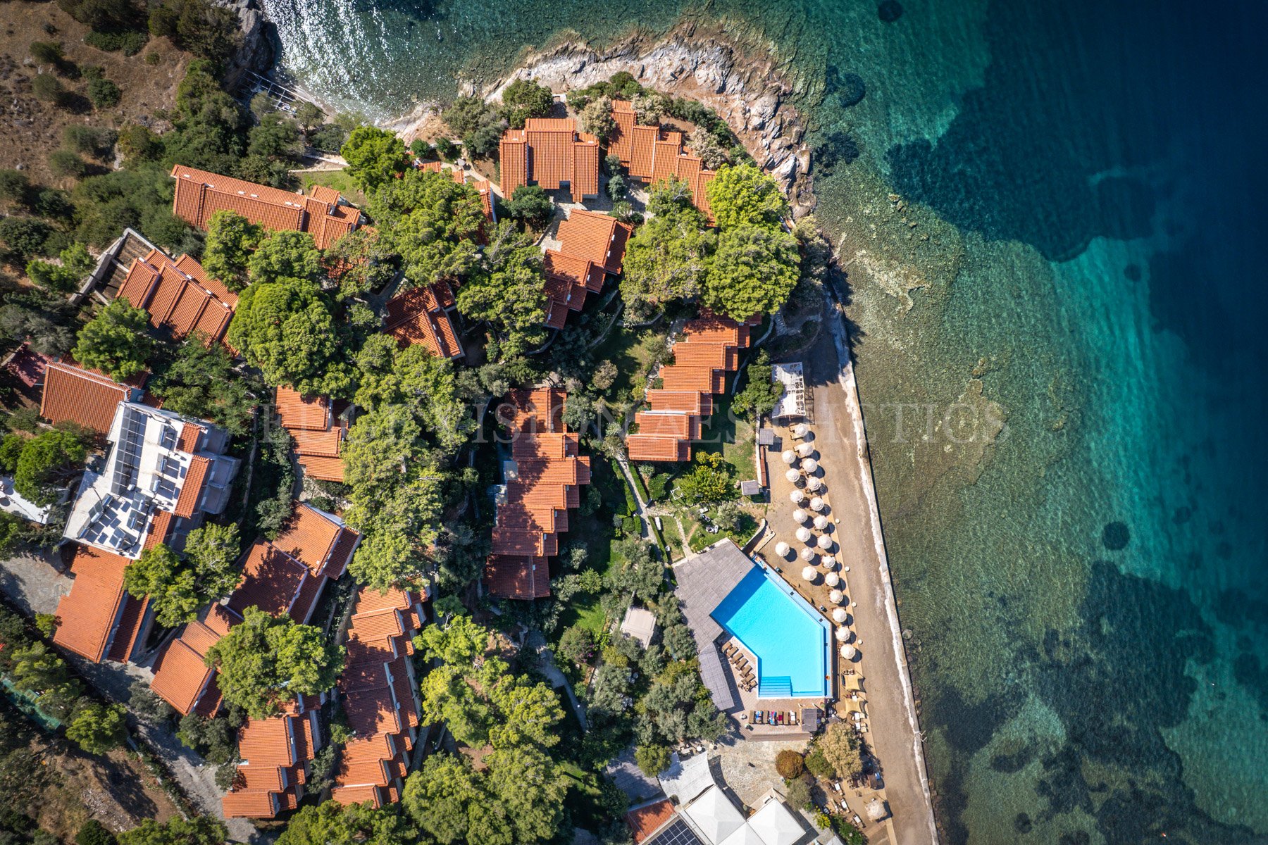 An aerial view of a coastal area featuring a cluster of residential buildings with red-tiled roofs amid green trees, a pool with blue water, a beach with umbrellas, and clear blue ocean water.