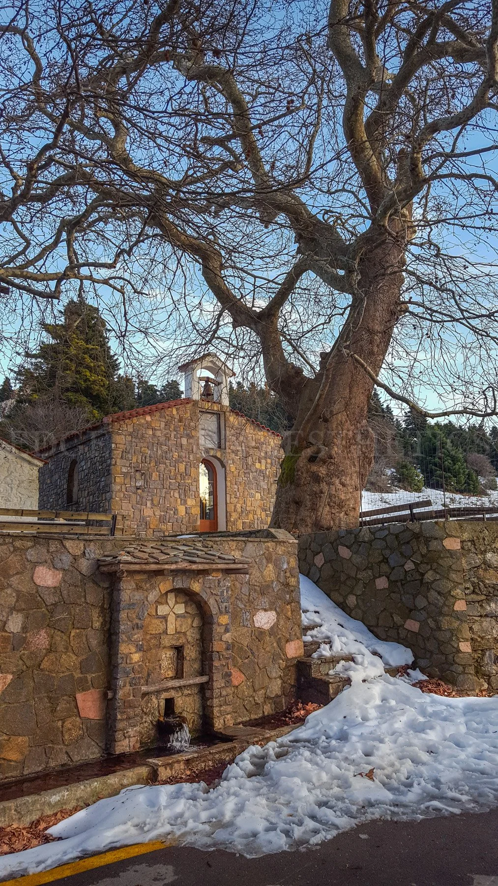 A stone building with a small bell tower on top, under a large, leafless tree with twisting branches. Snow covers the ground and a small water feature with a fountain is in the foreground, with a backdrop of a mountain landscape with trees.