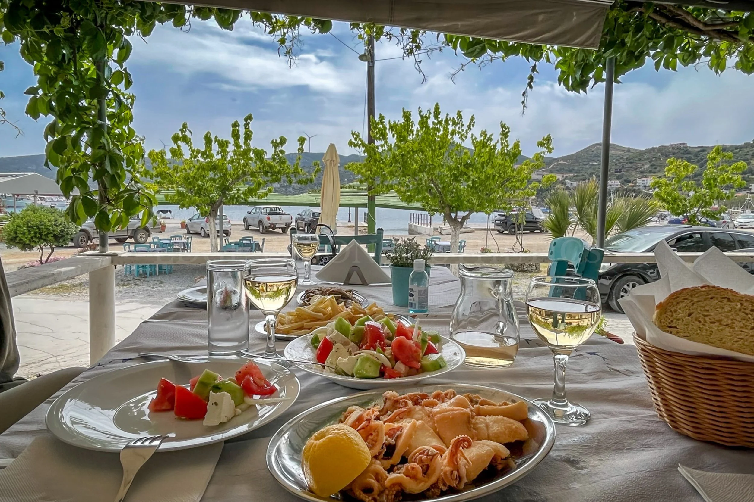 A table of food with salads, pizza, bread, and drinks, overlooking a waterfront view with parked cars, trees, and distant hills under a cloudy sky.